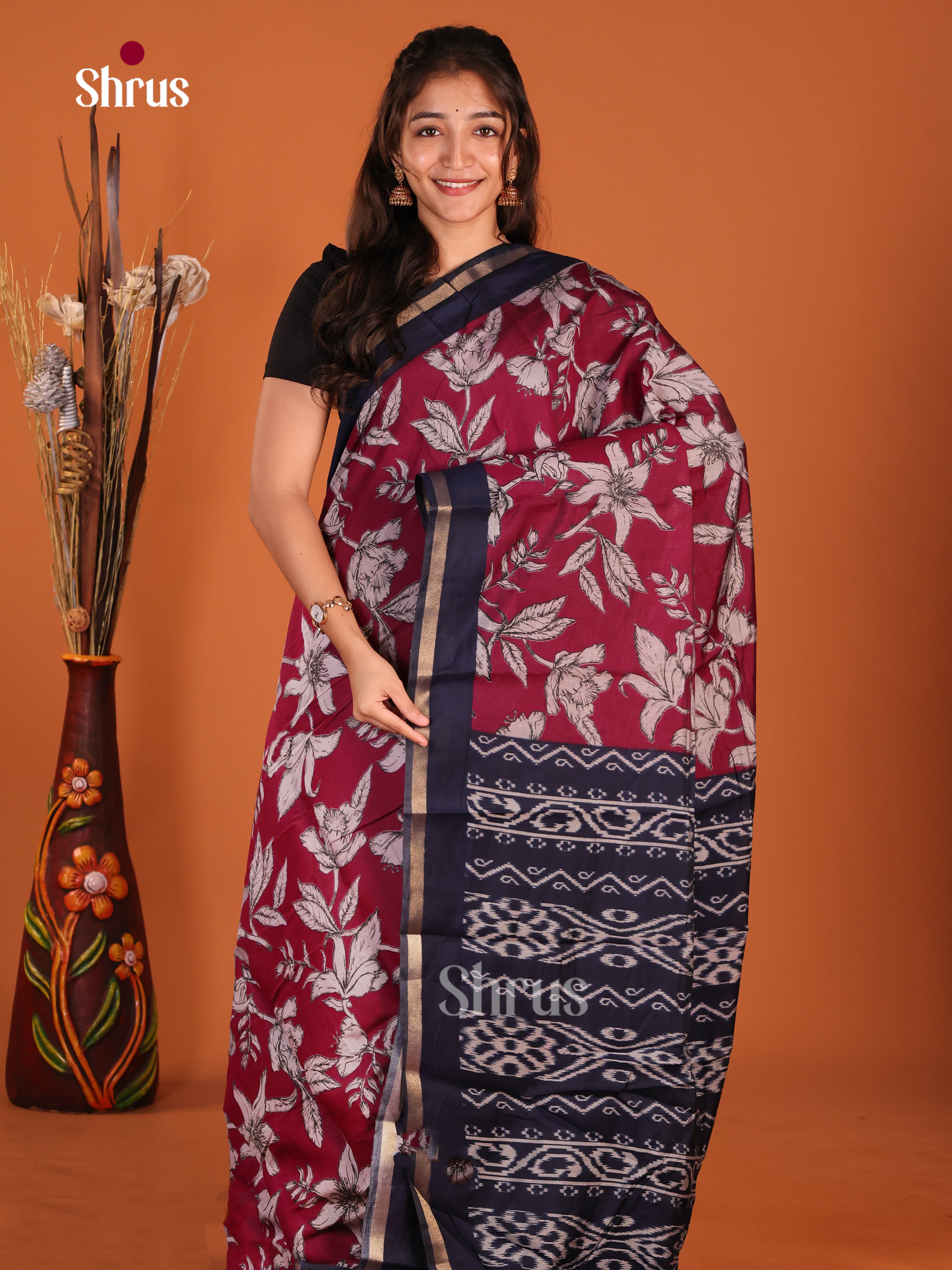 Maroon & Blue - Art Modal Saree - Shop on Shrus.com