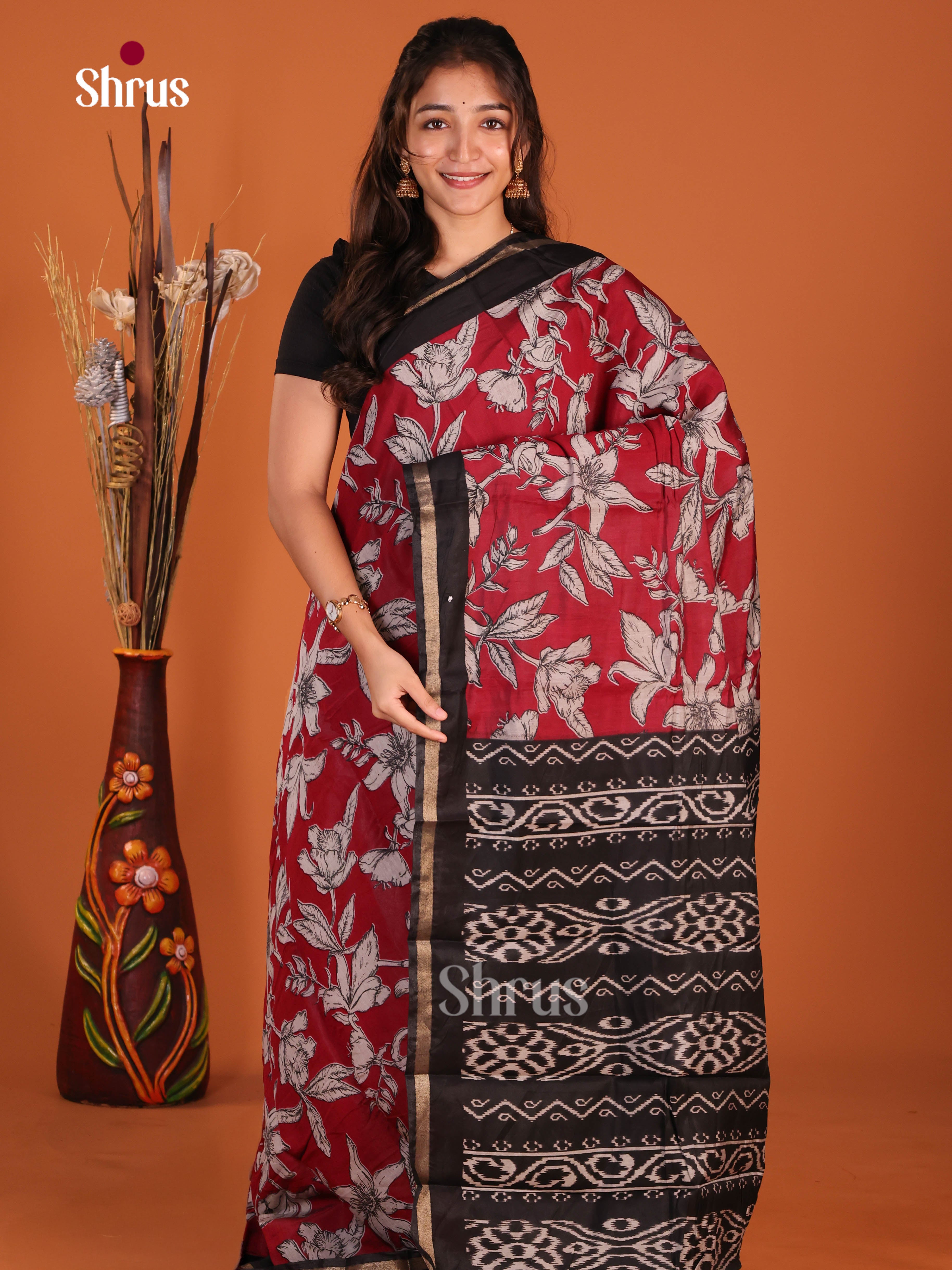 Red & Black- Art Modal Saree - Shop on Shrus.com