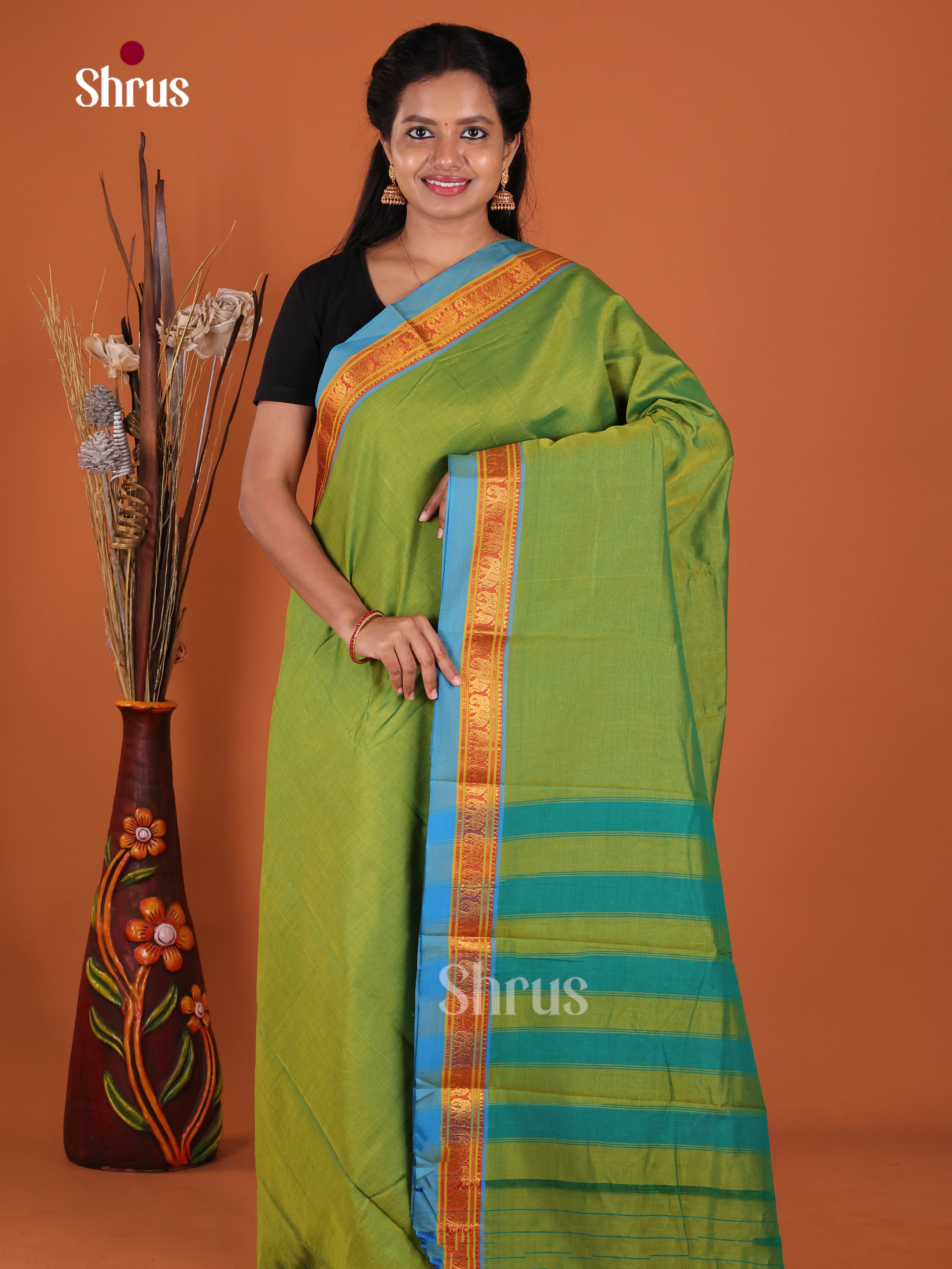 Light Green & Blue- Narayanpet Cotton Saree