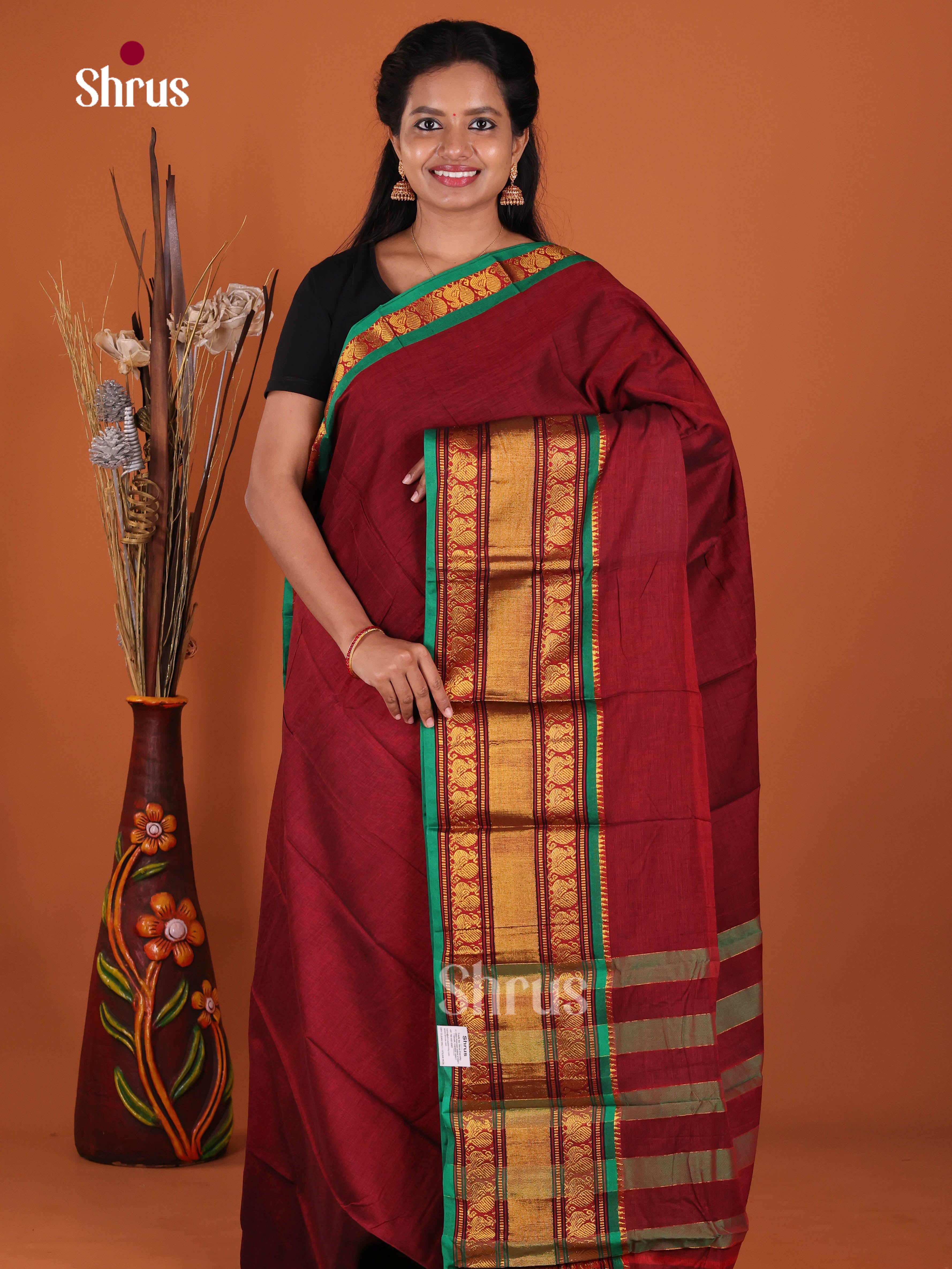 Maroon & Green - Narayanpet Cotton Saree