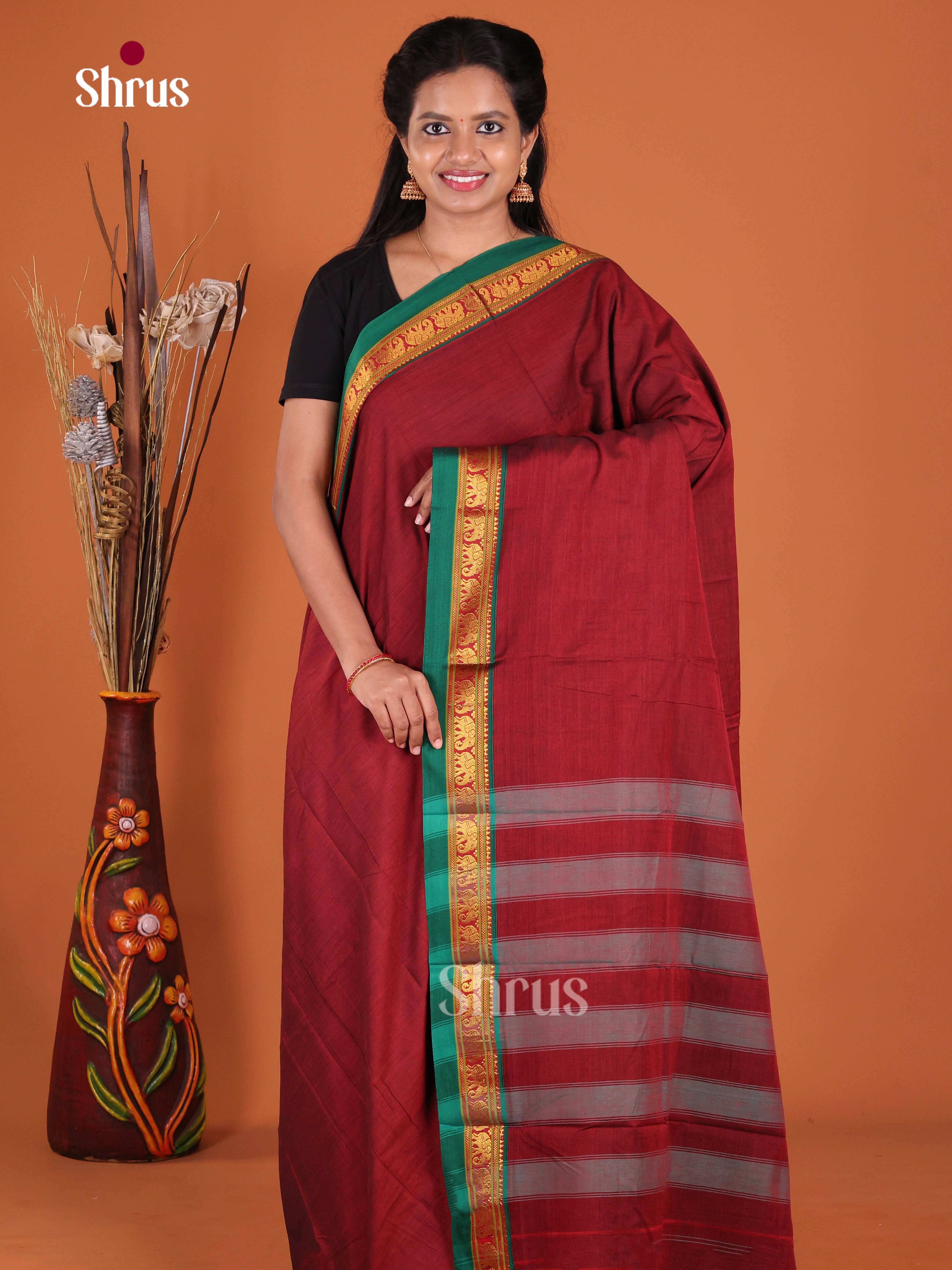 Maroon & Green - Narayanpet Cotton Saree
