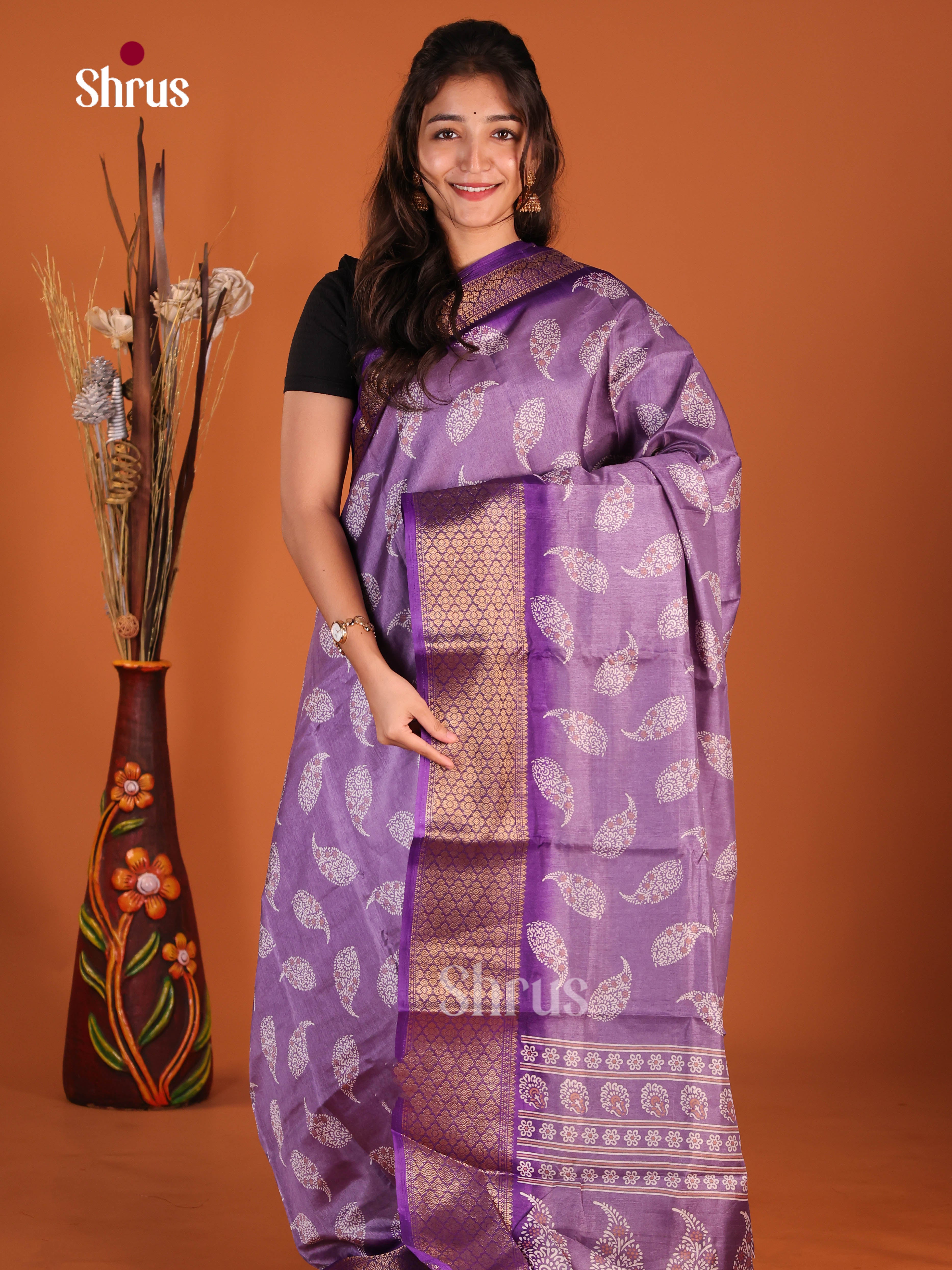 Lavender & Purple- Semi Crepe Saree - Shop on Shrus.com