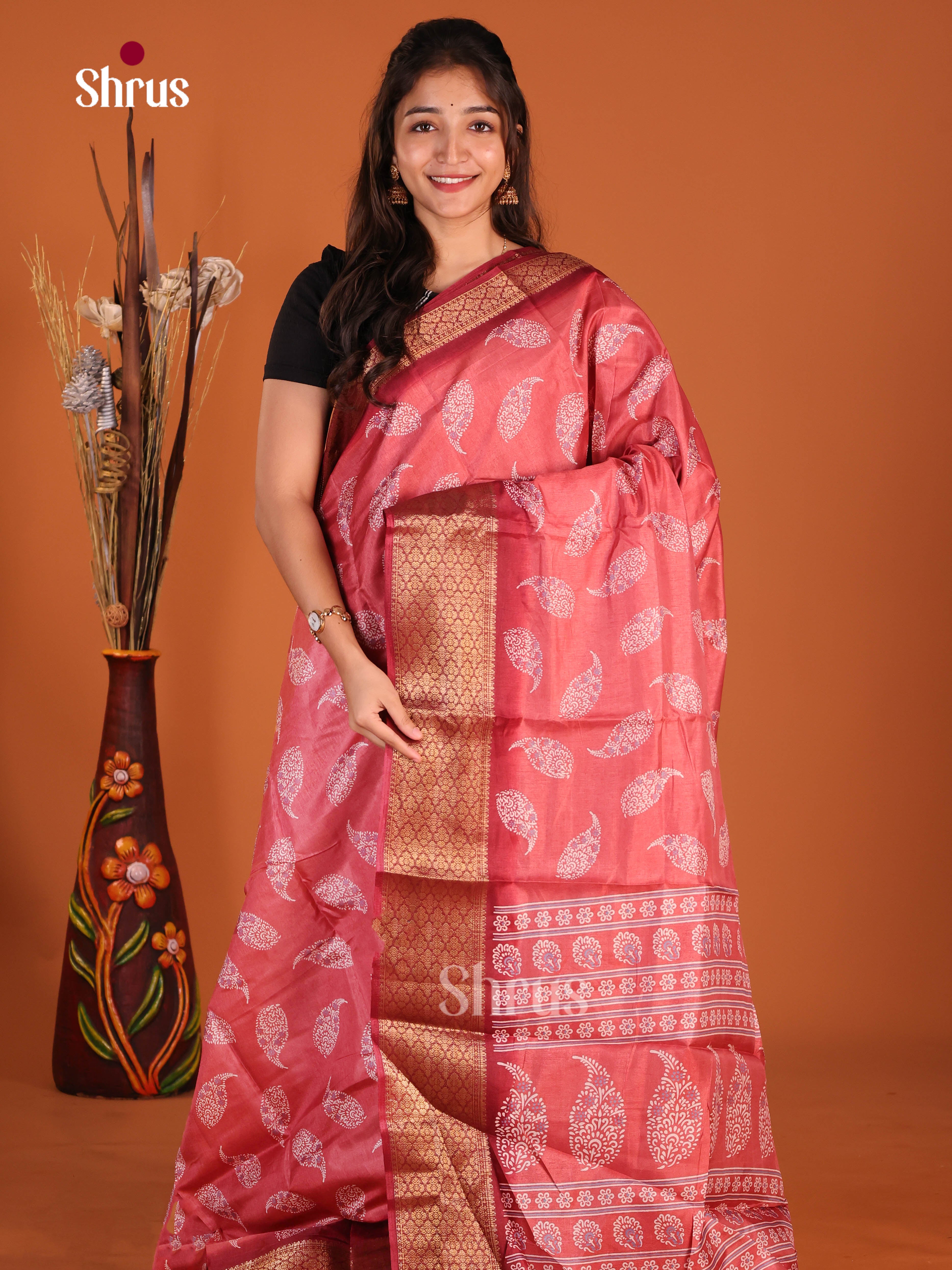 Pink & Maroon - Semi Crepe Saree - Shop on Shrus.com