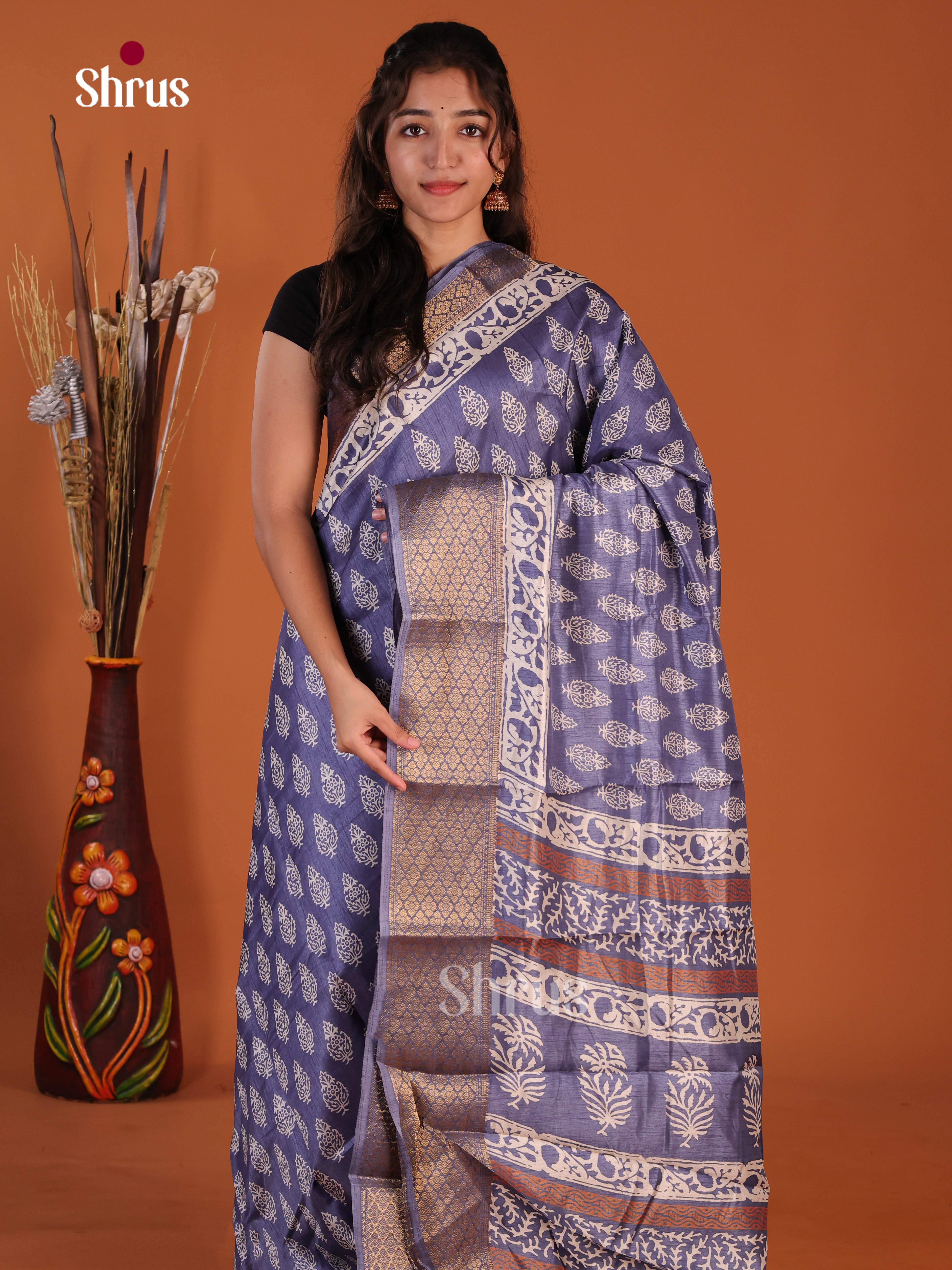 Blue - Semi Crepe Saree