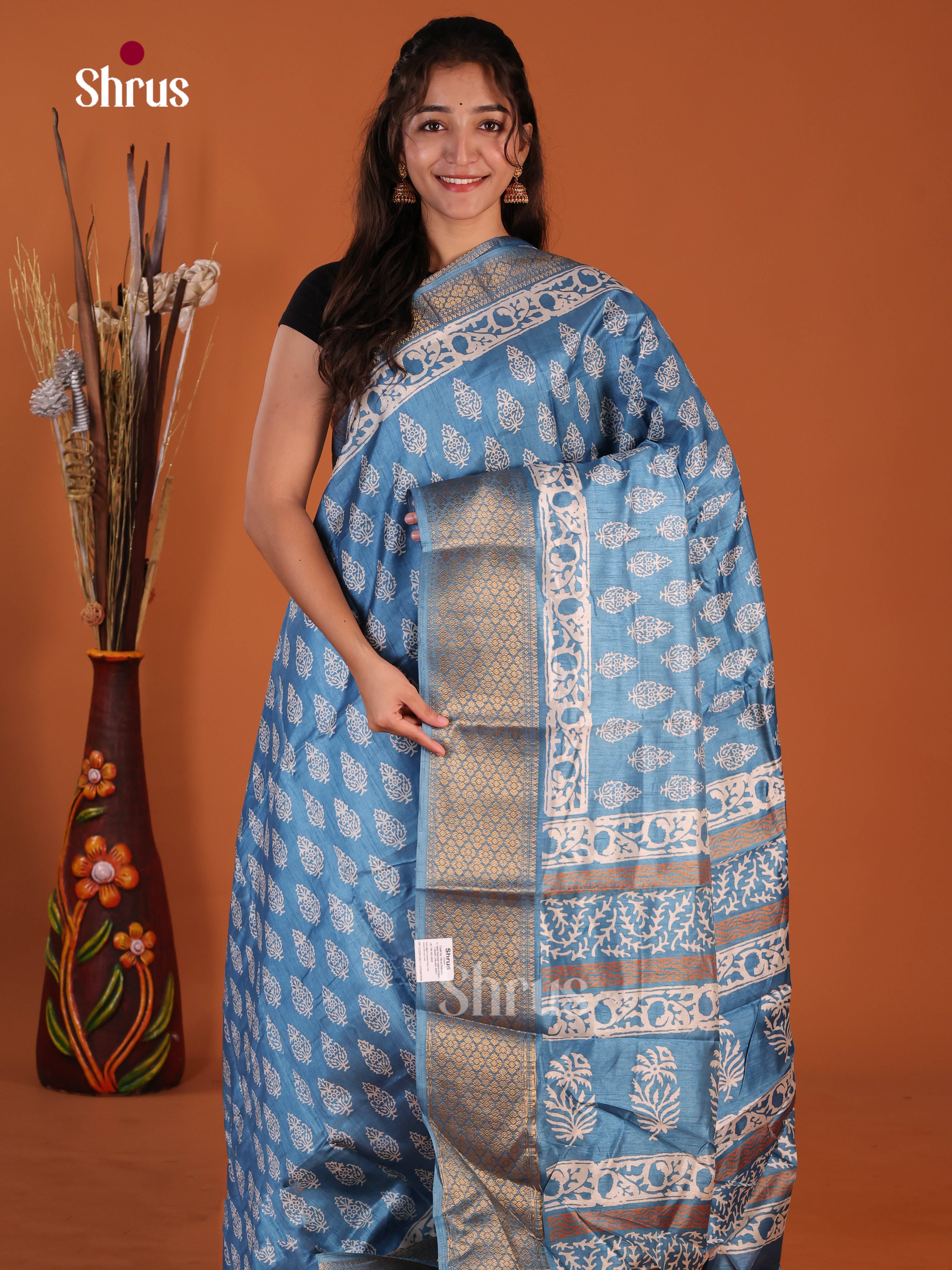 Blue - Semi Crepe Saree