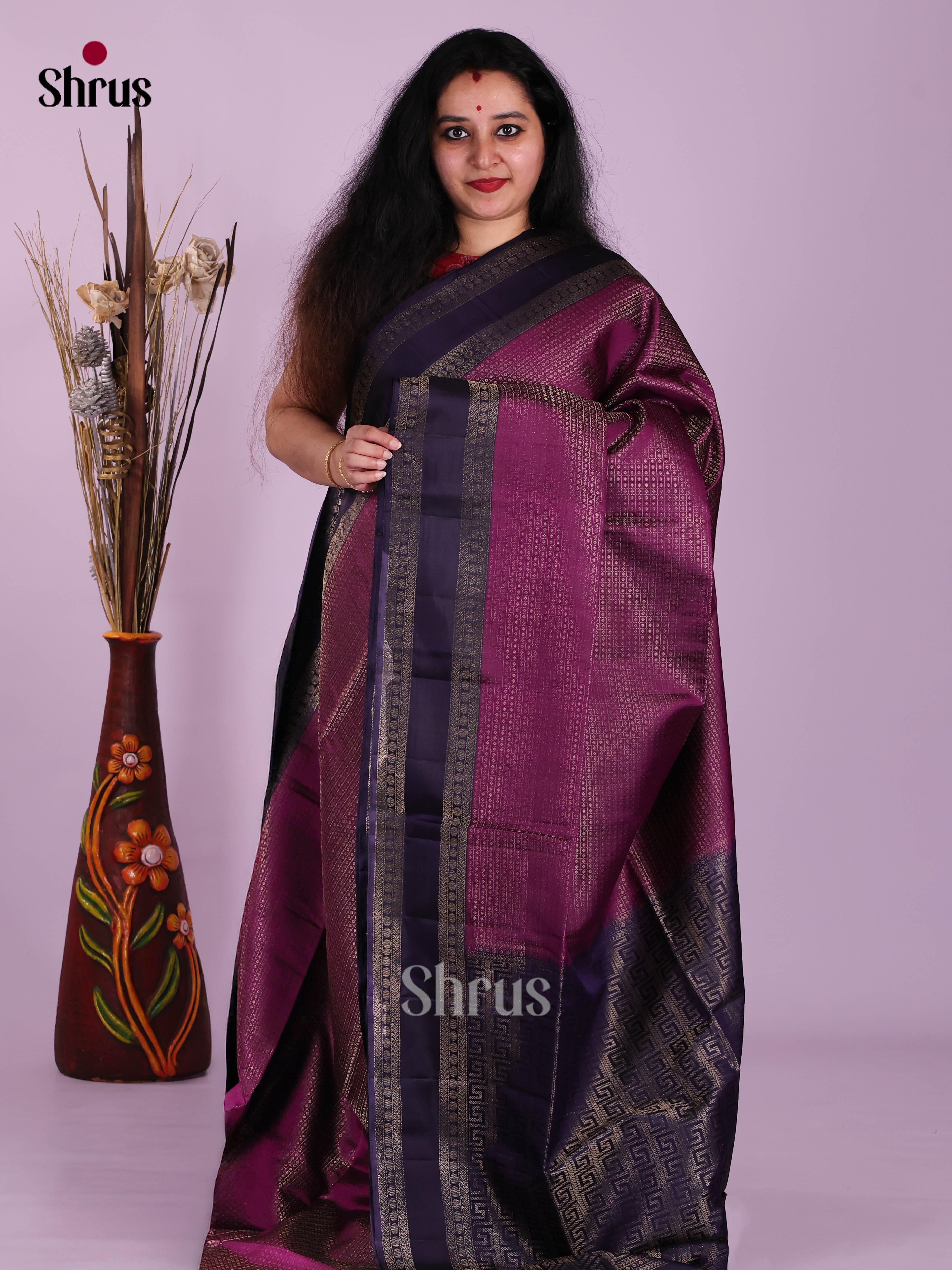Radiant Purple & Blue Soft Silk Saree with zari checks, buttas & Rettaipet zari border