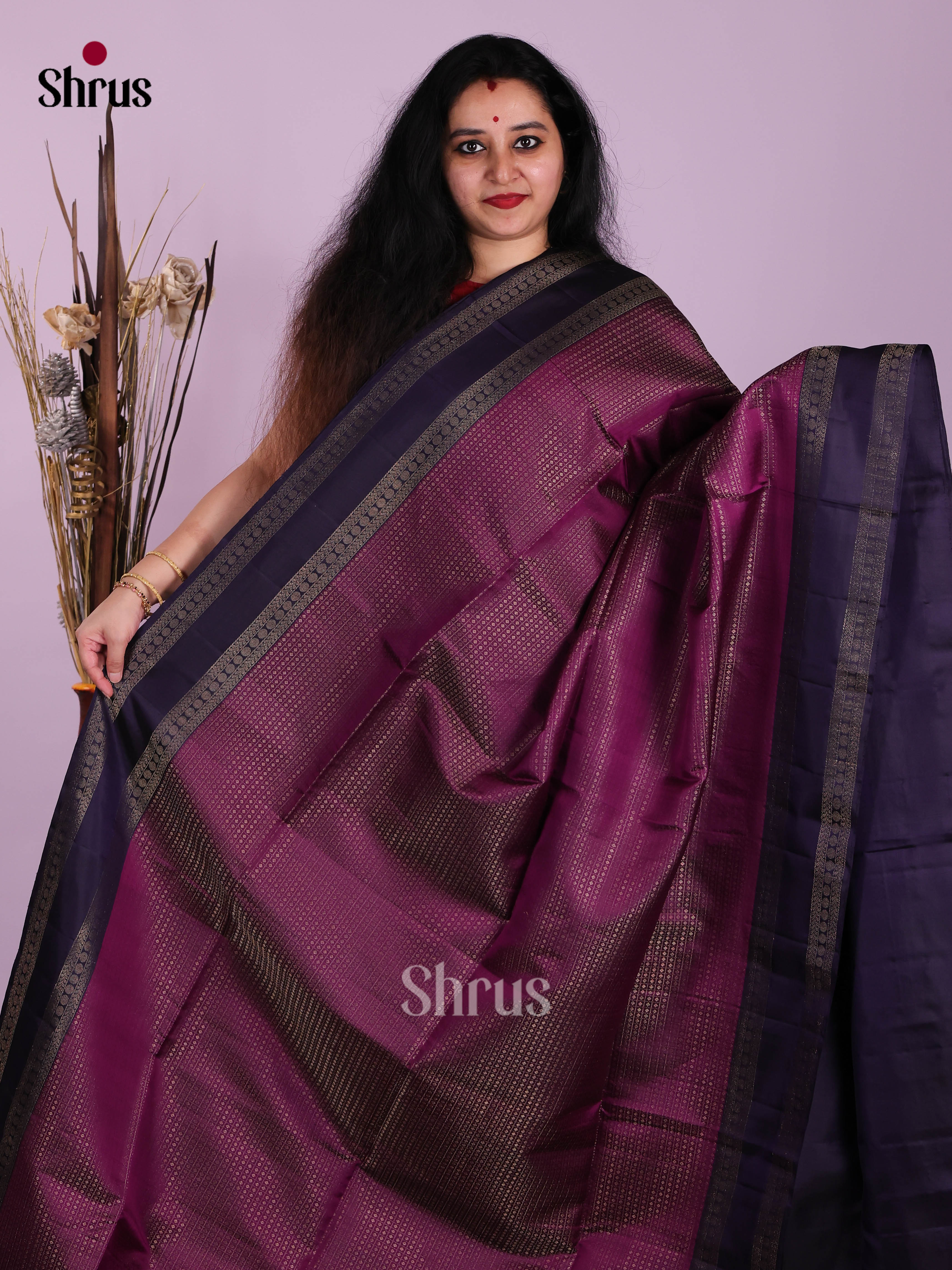Radiant Purple & Blue Soft Silk Saree with zari checks, buttas & Rettaipet zari border