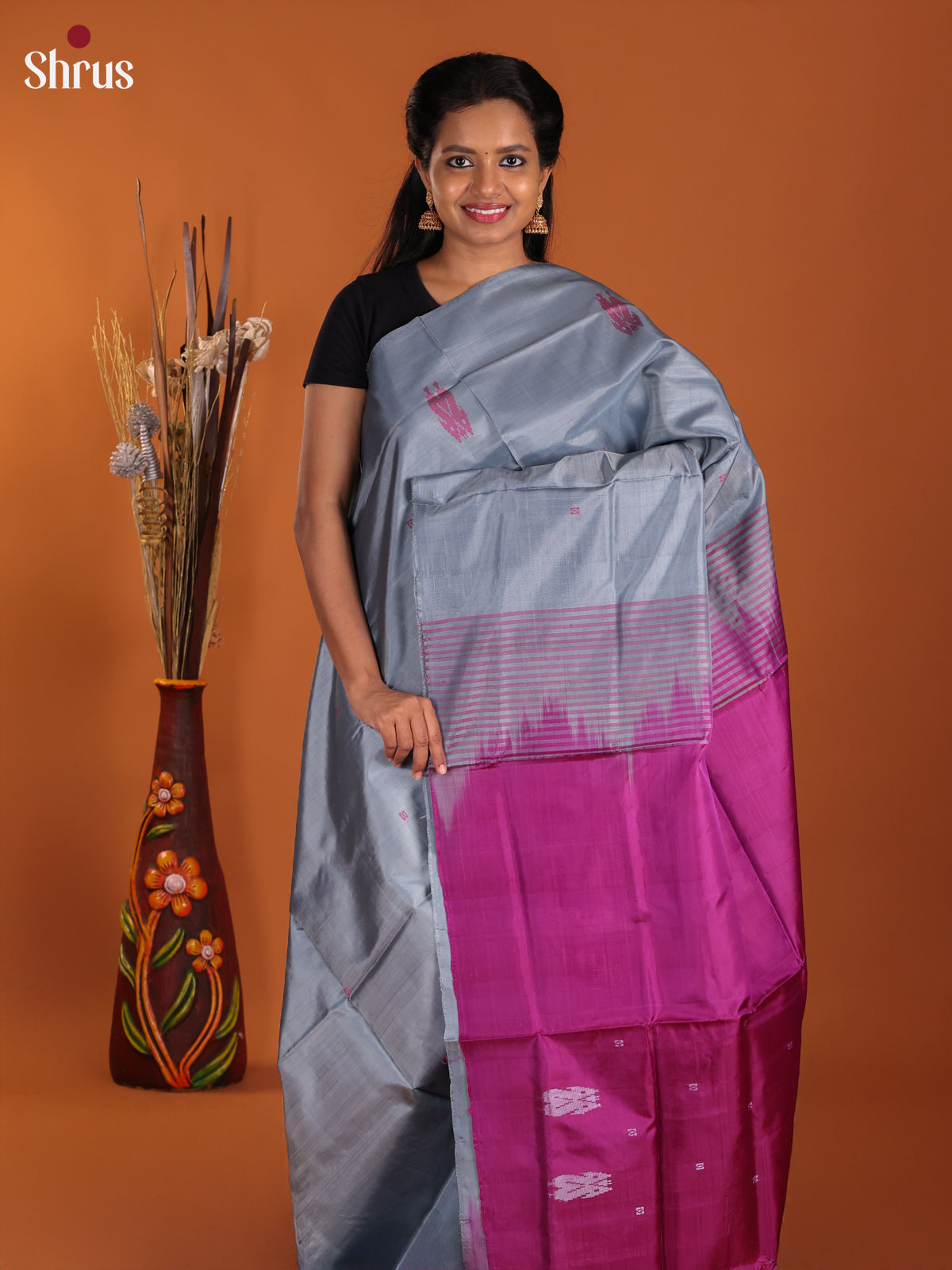 Grey & Purple- Banana Pith Saree - Shop on Shrus.com