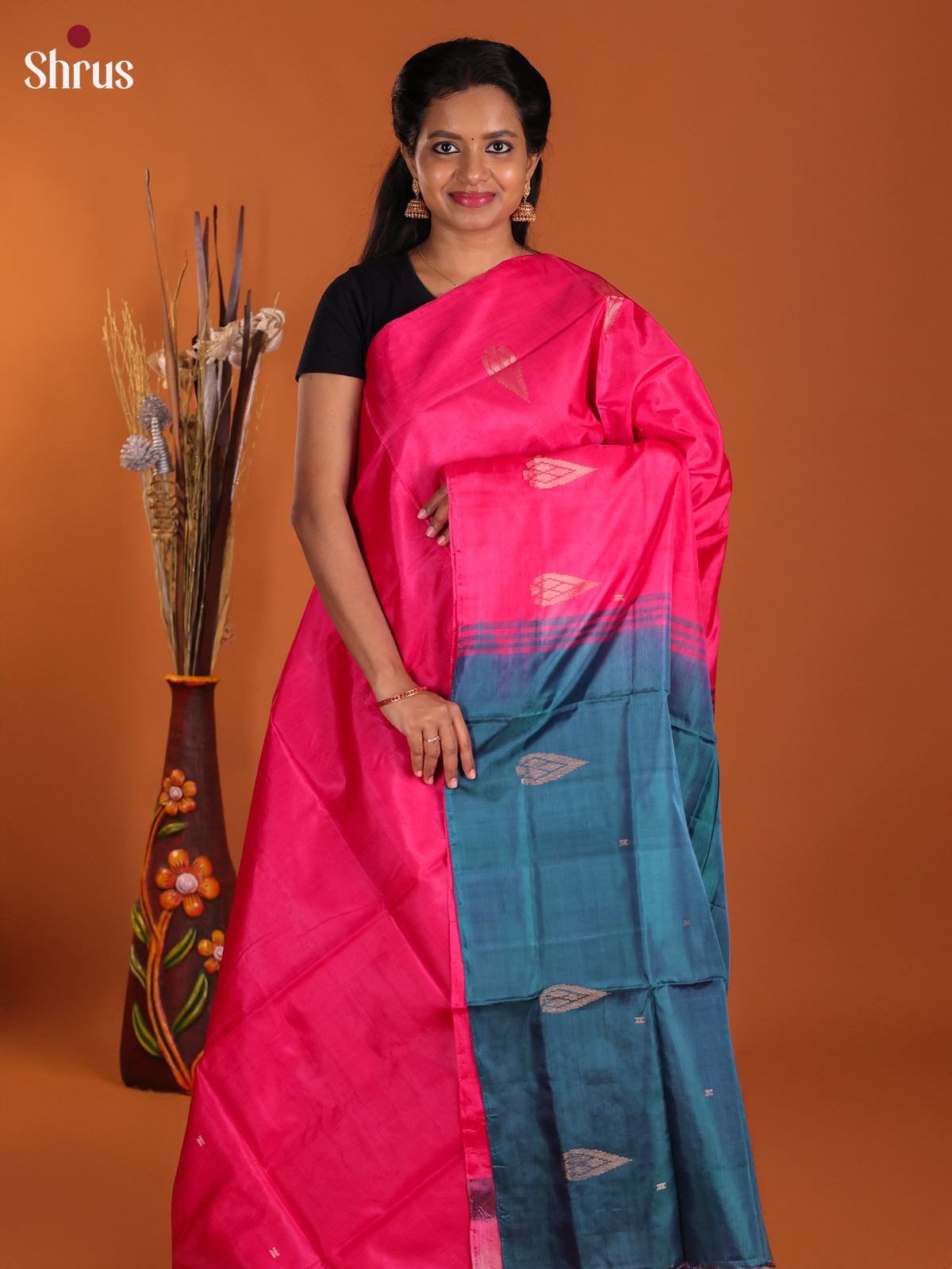 Pink & Peacock Blue- Banana Pith Saree