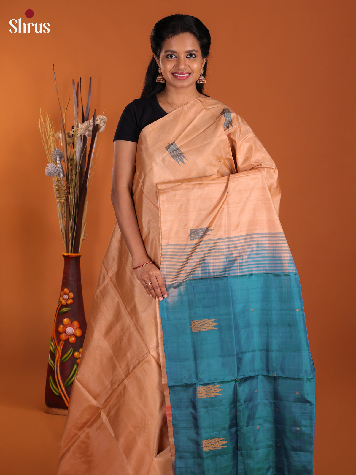 Peach & Green- Banana Pith Saree