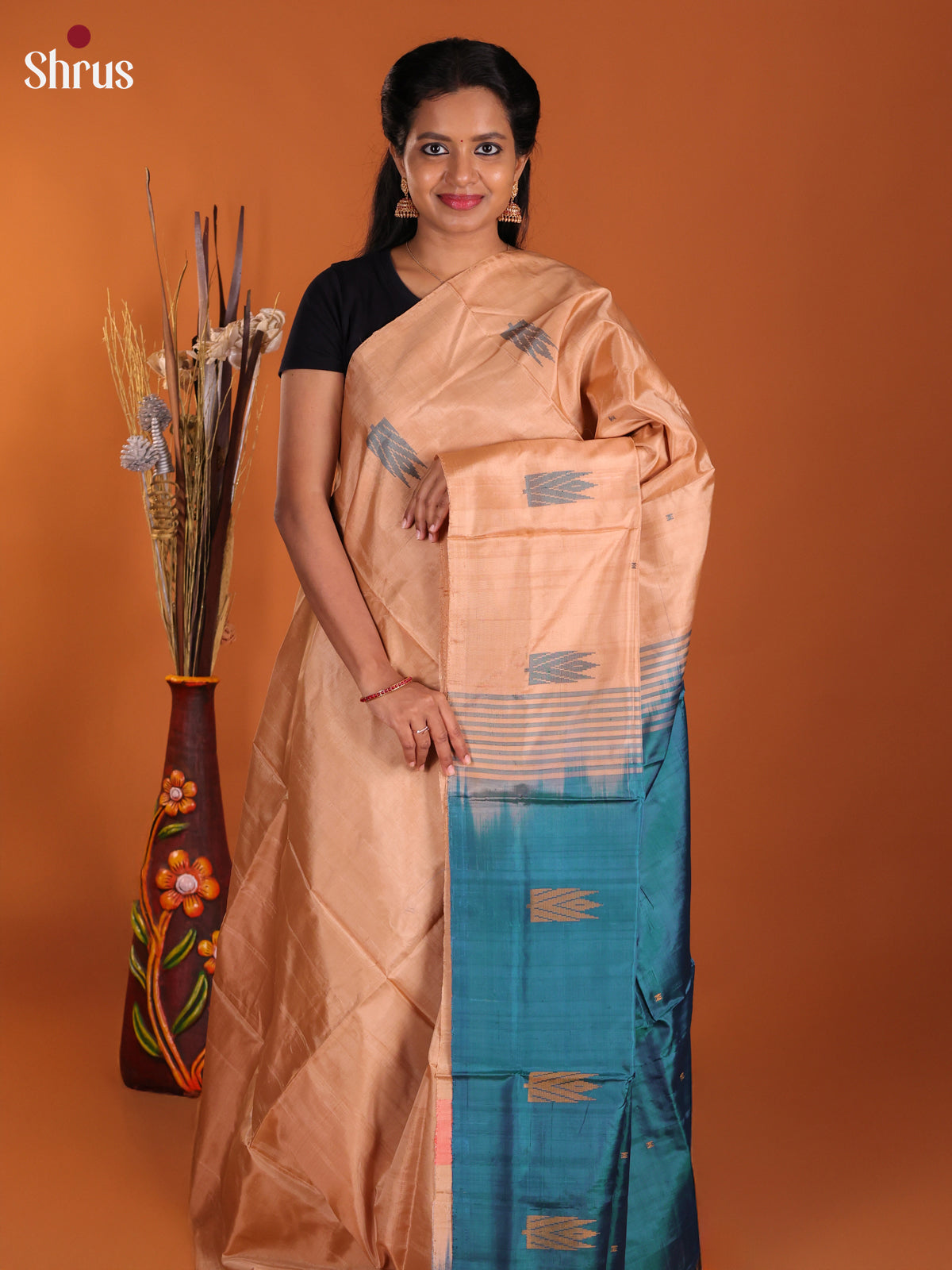 Peach & Blue - Banana Pith Saree