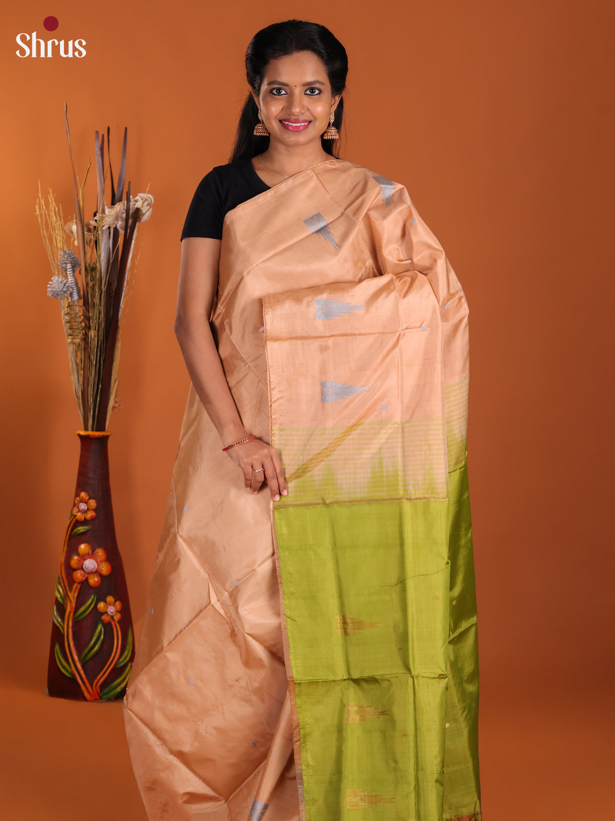 Peach & Green- Banana Pith Saree