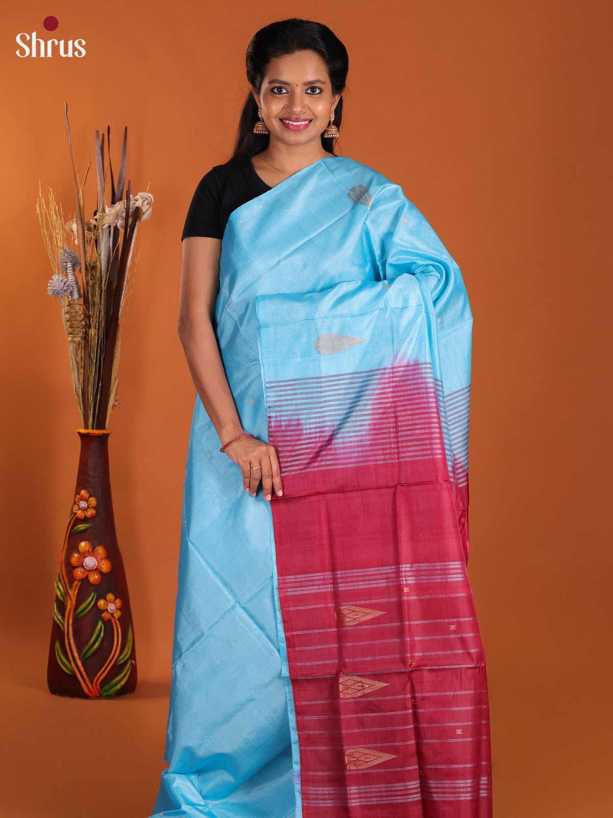 SKy Blue & Red - Banana Pith Saree