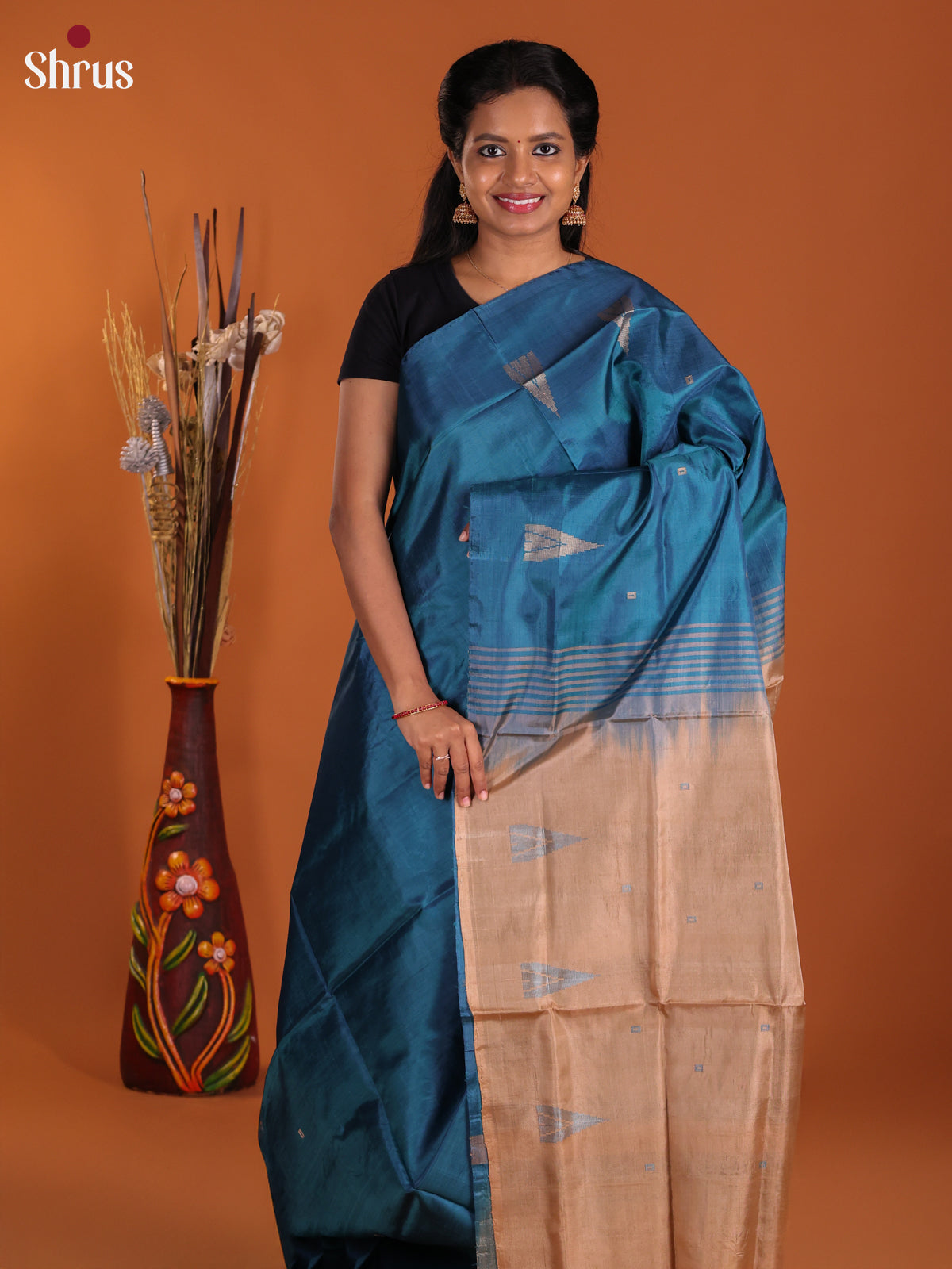 Blue & Beige - Banana Pith Saree - Shop on Shrus.com