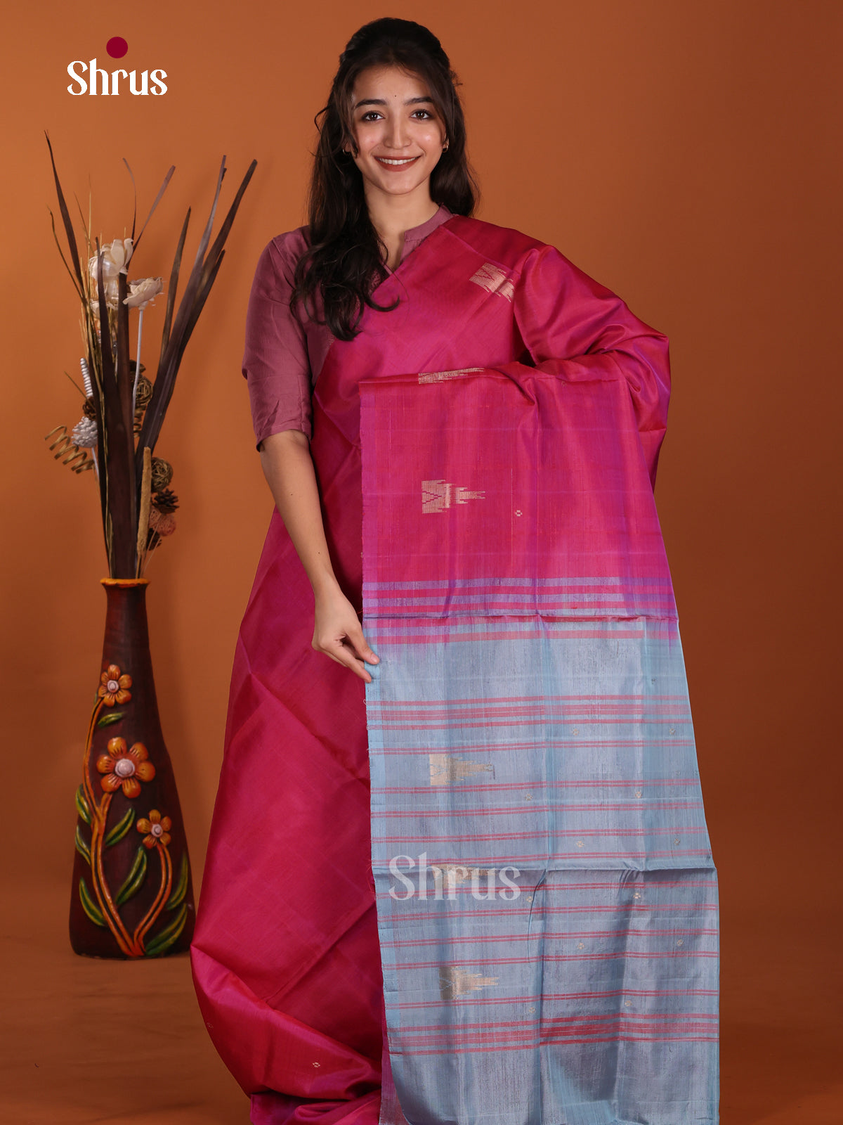 Dark Pink & Blue - Banana Pith Saree