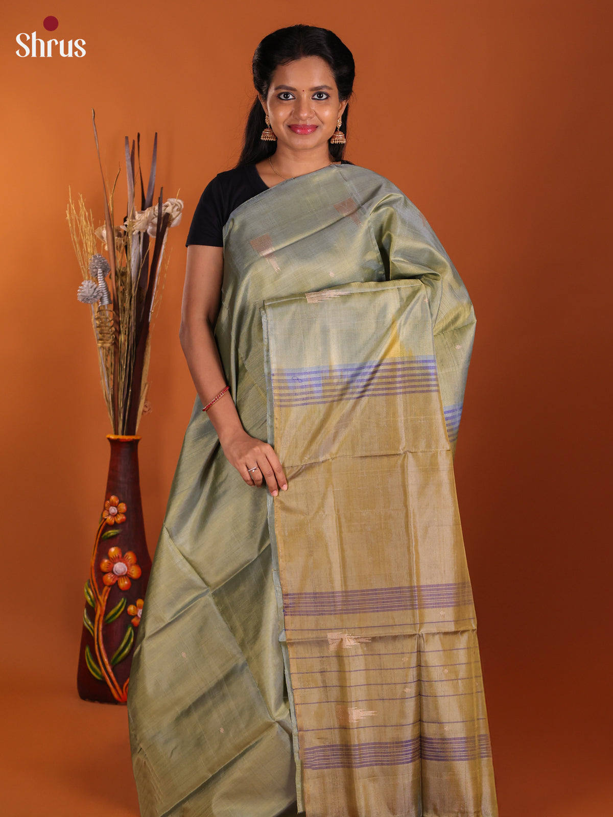 Pastel Green  & Beige- Banana Pith Saree - Shop on Shrus.com