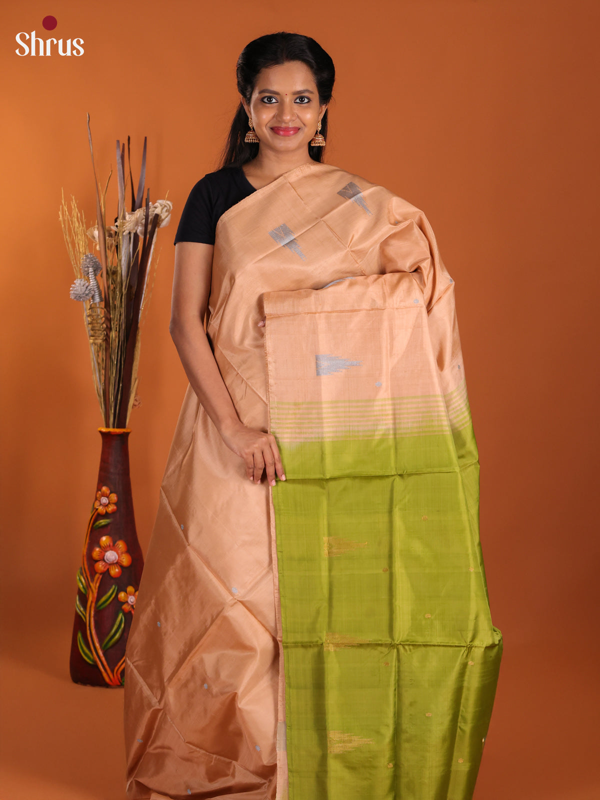 Peach & Green - Banana Pith Saree - Shop on Shrus.com