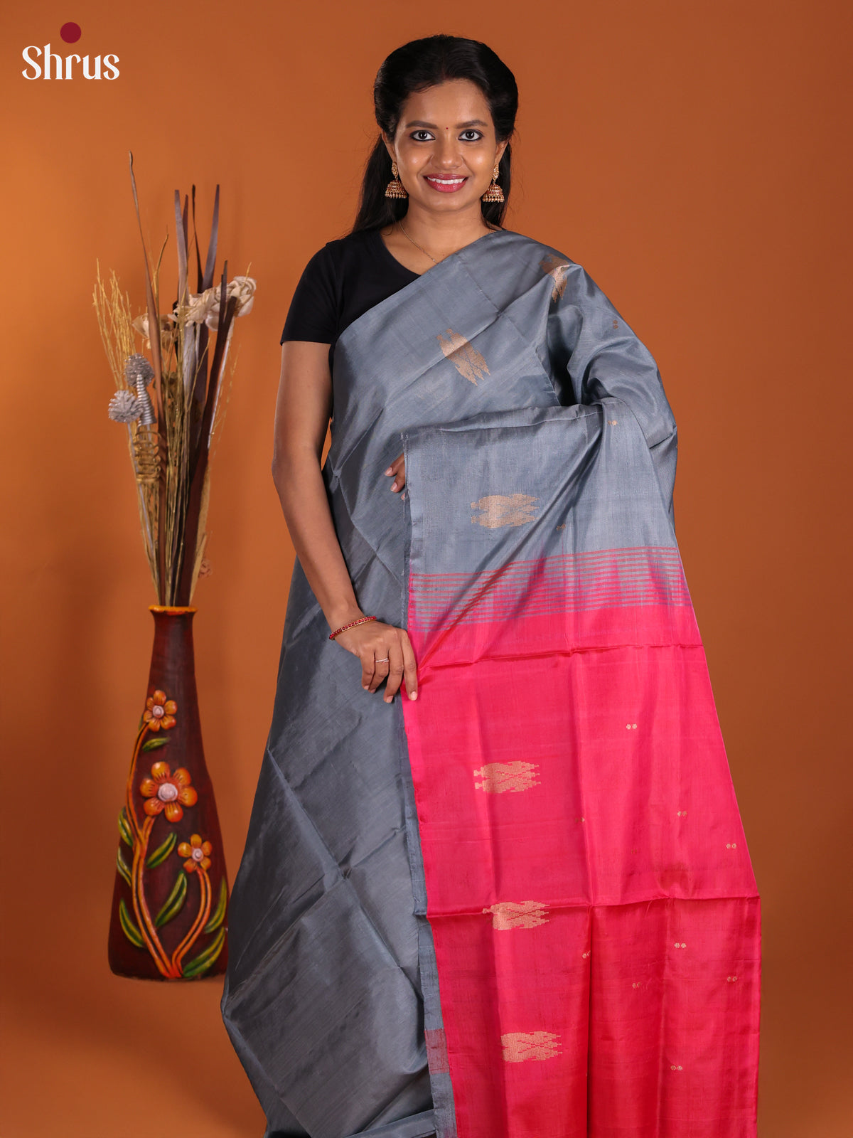 Grey & Pink - Banana Pith Saree
