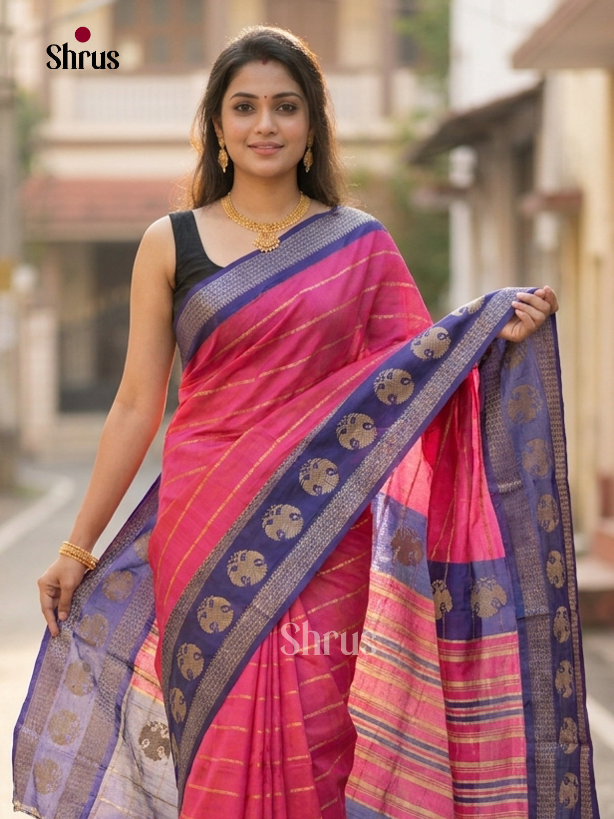 Red & Blue - Semi Mysoresilk Saree
