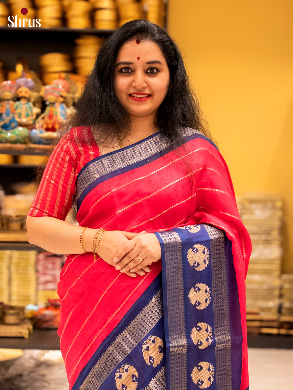 Red & Blue - Semi Mysoresilk Saree