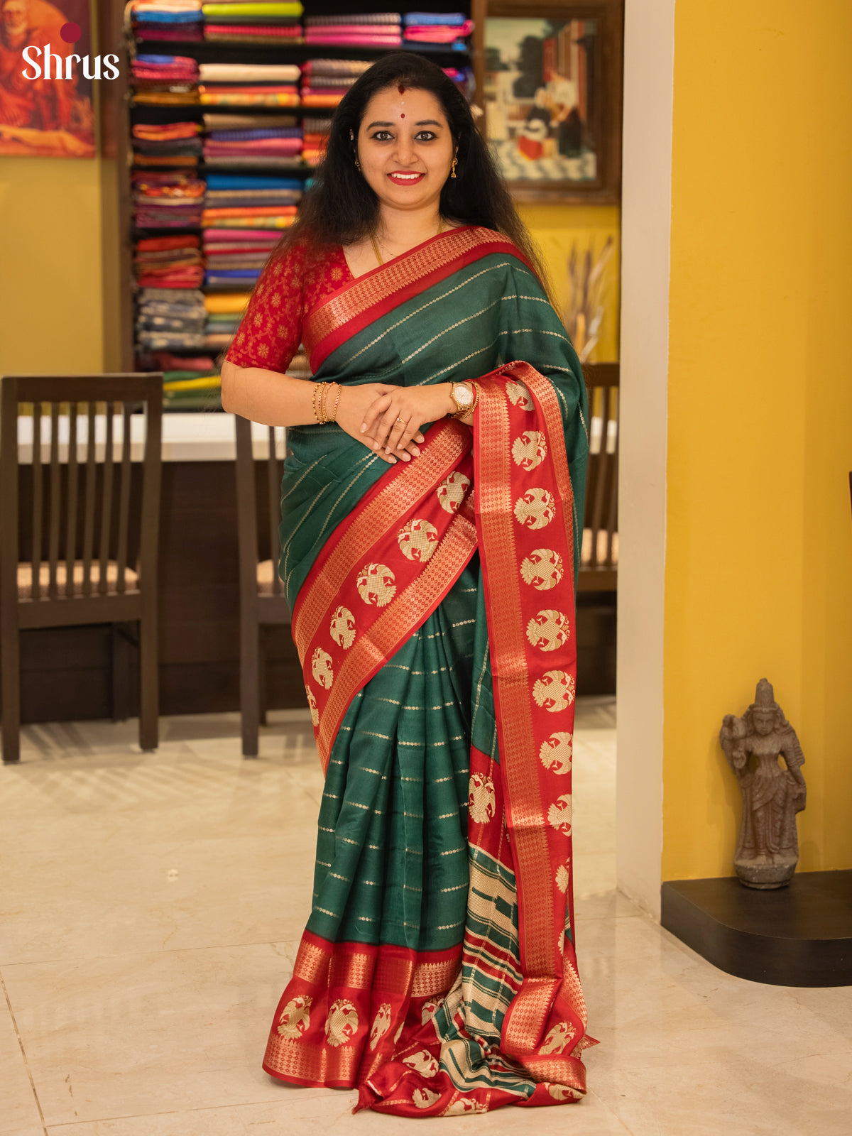 Green & Red- Semi Mysoresilk Saree