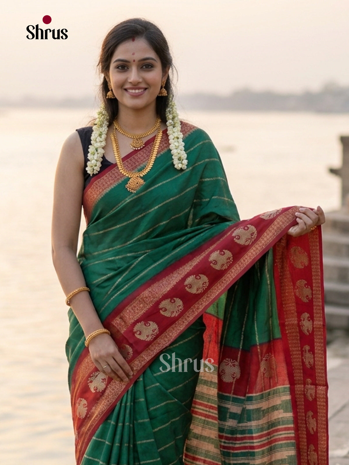 Green & Red- Semi Mysoresilk Saree