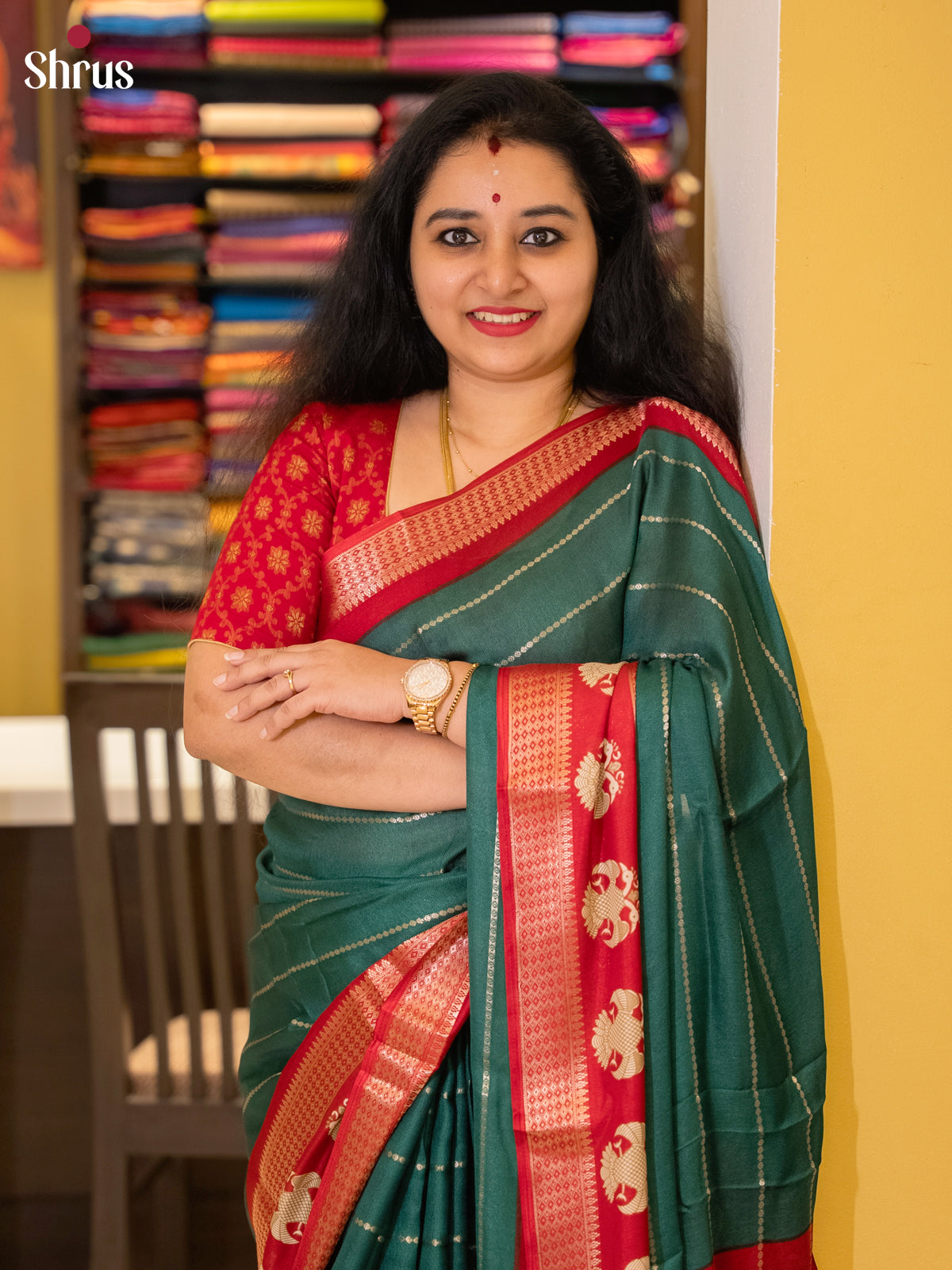 Green & Red- Semi Mysoresilk Saree