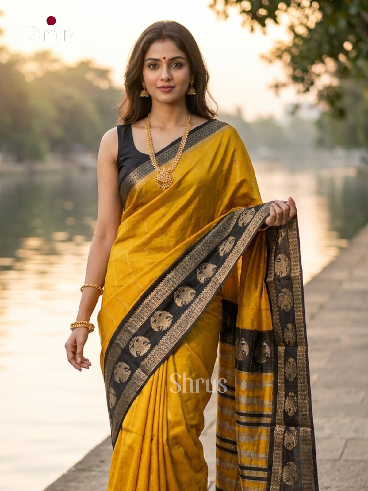 Yellow & Black- Semi Mysoresilk Saree