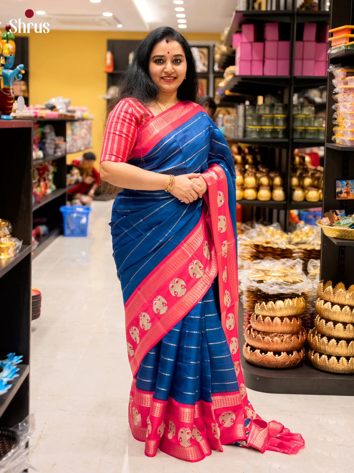 Blue & Pink- Semi Mysoresilk Saree
