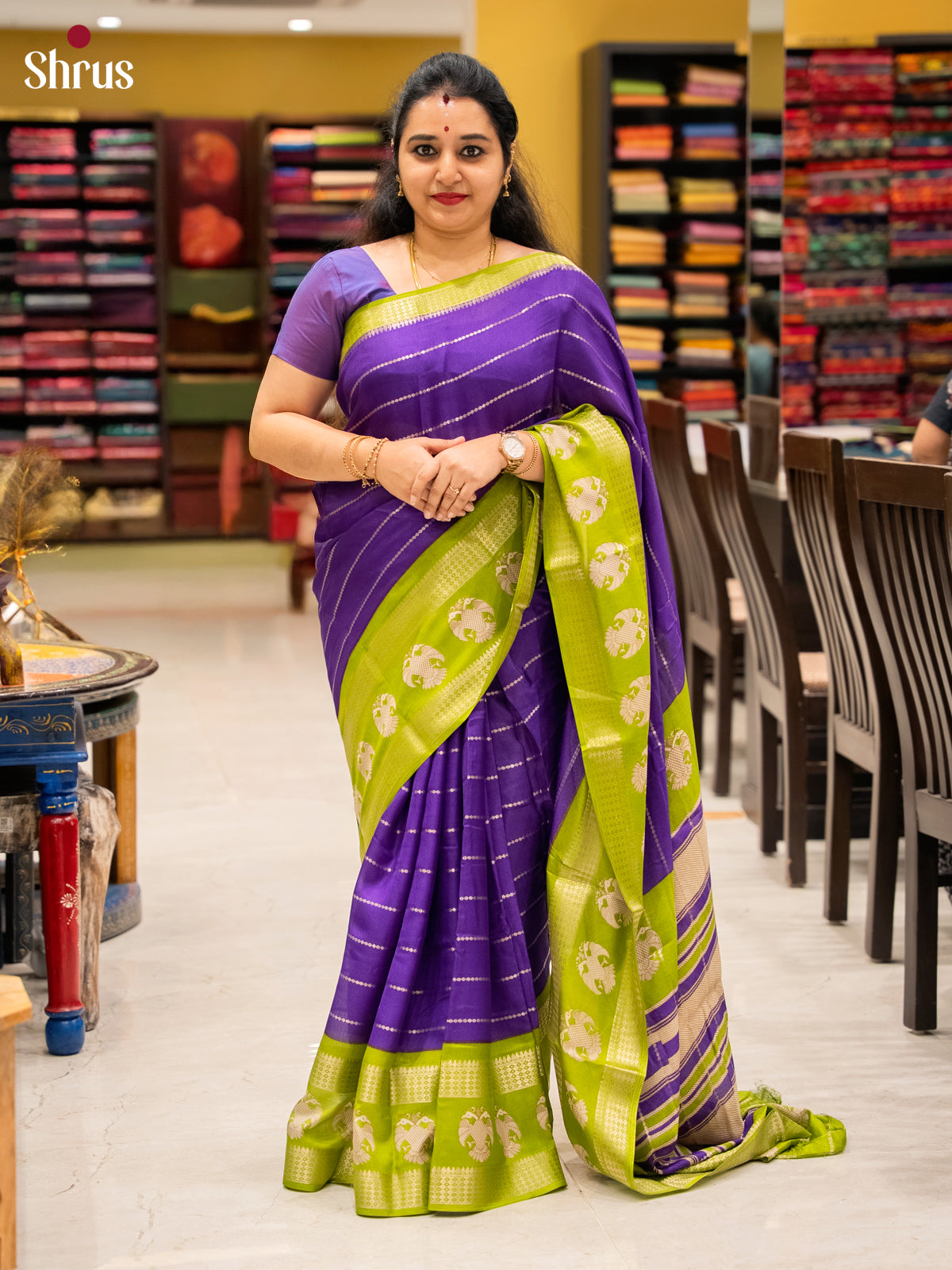 Purple & Green - Semi Mysoresilk Saree