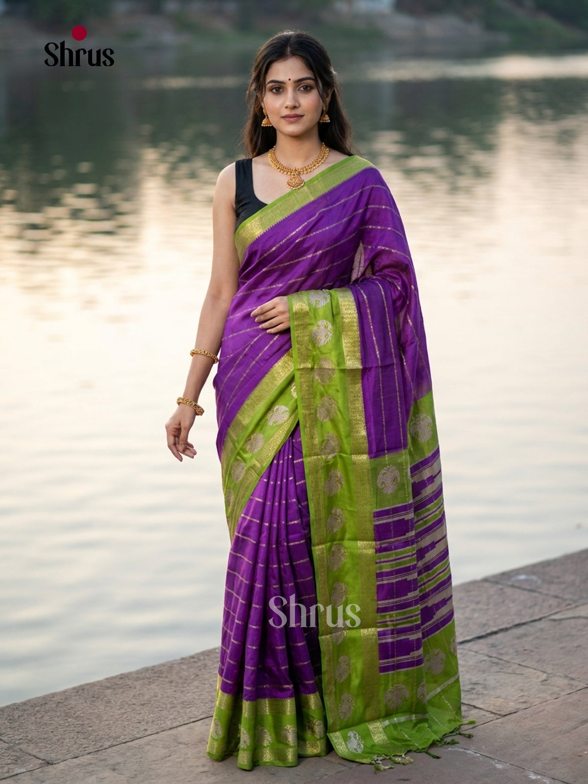 Purple & Green - Semi Mysoresilk Saree