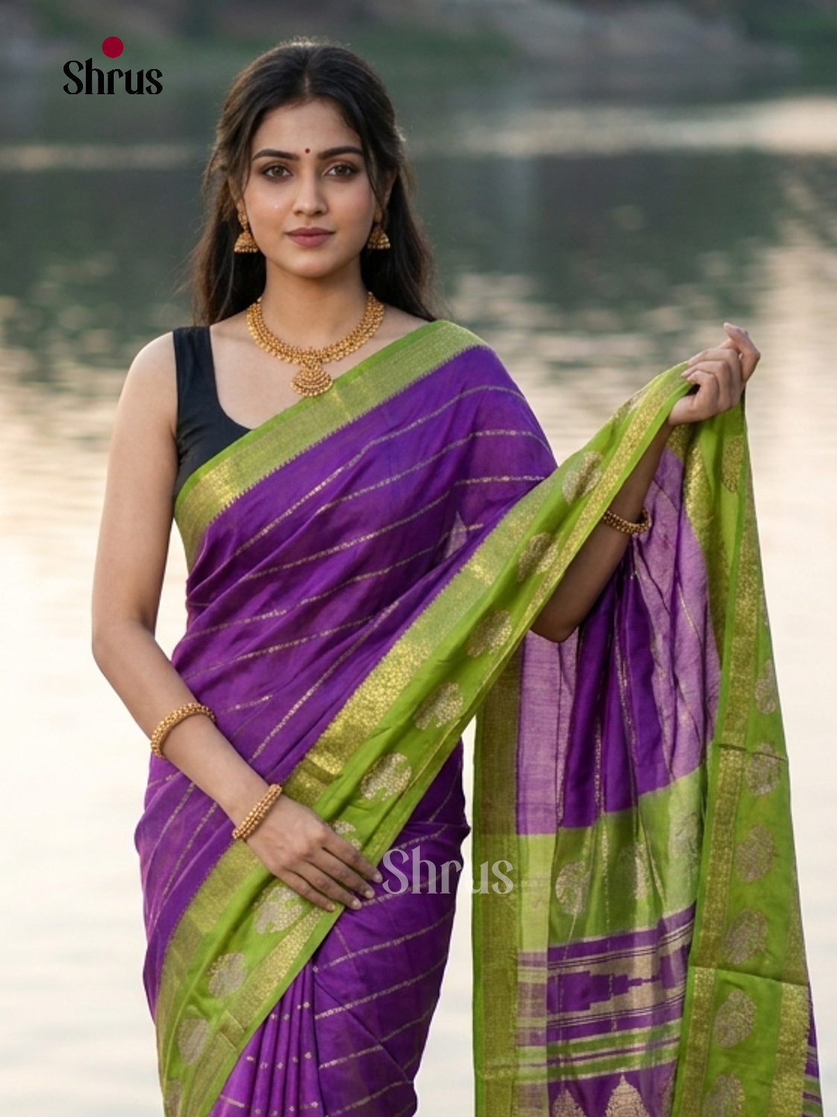 Purple & Green - Semi Mysoresilk Saree