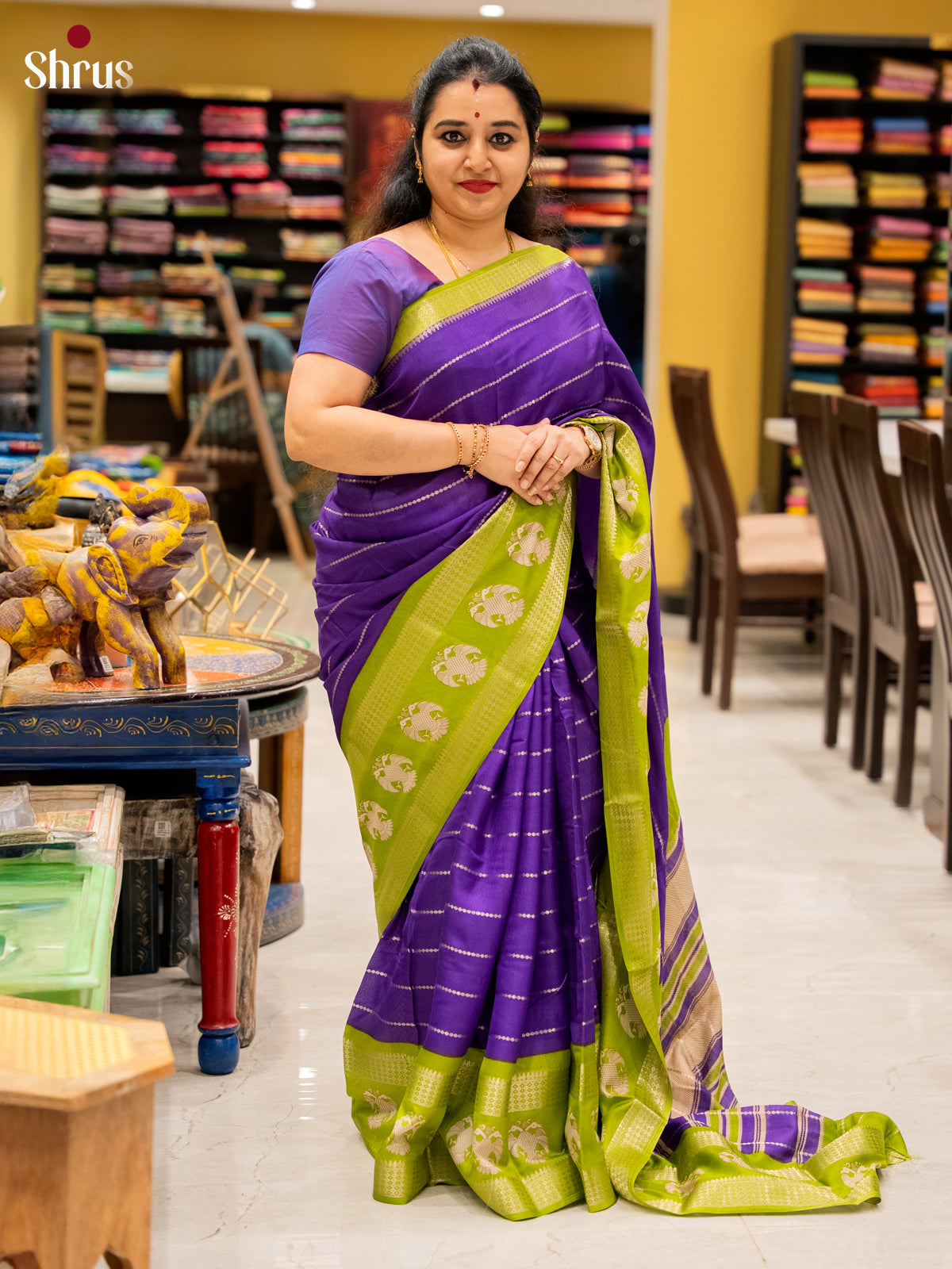 Purple & Green - Semi Mysoresilk Saree