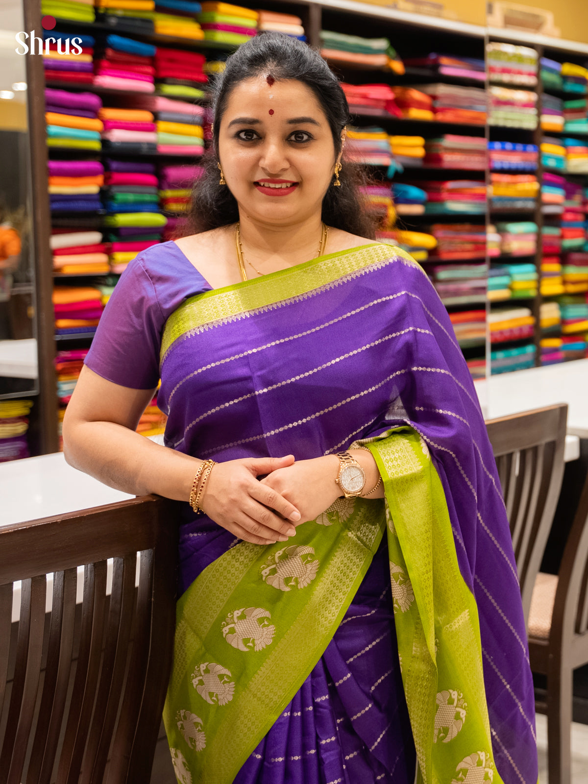 Purple & Green - Semi Mysoresilk Saree