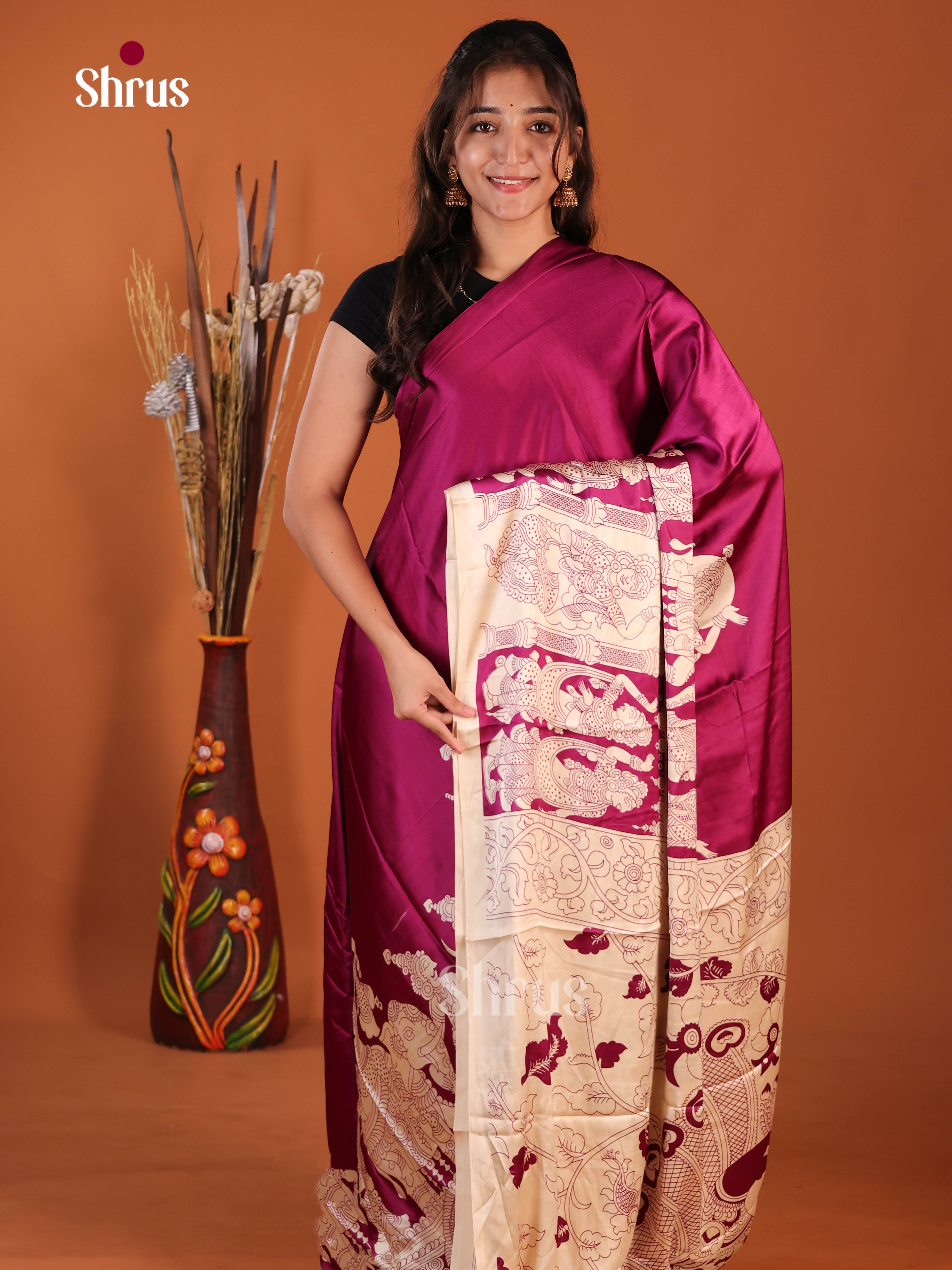 Purple & Cream - Semi Modal  Saree