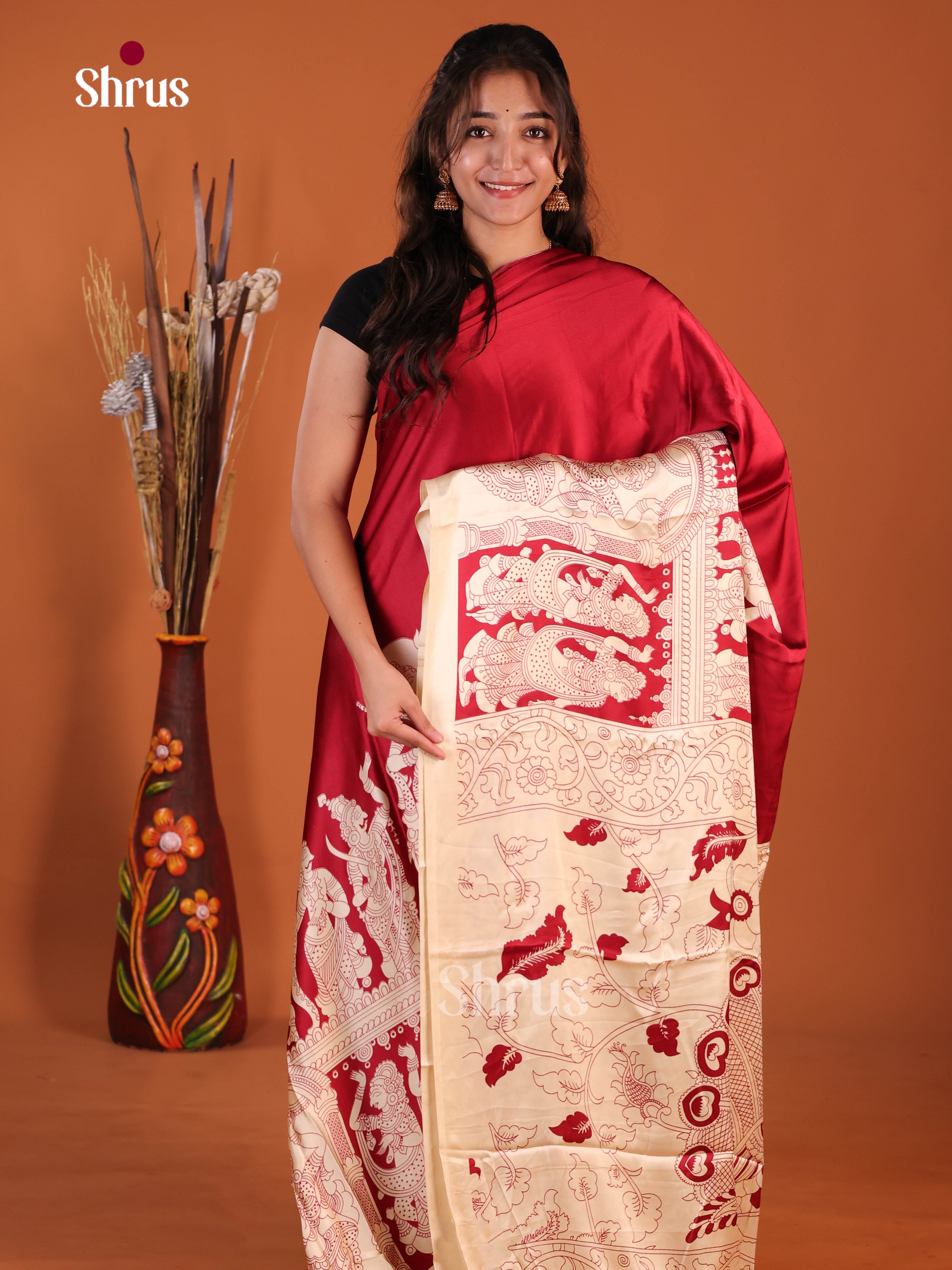 Red & Cream - Semi Modal  Saree