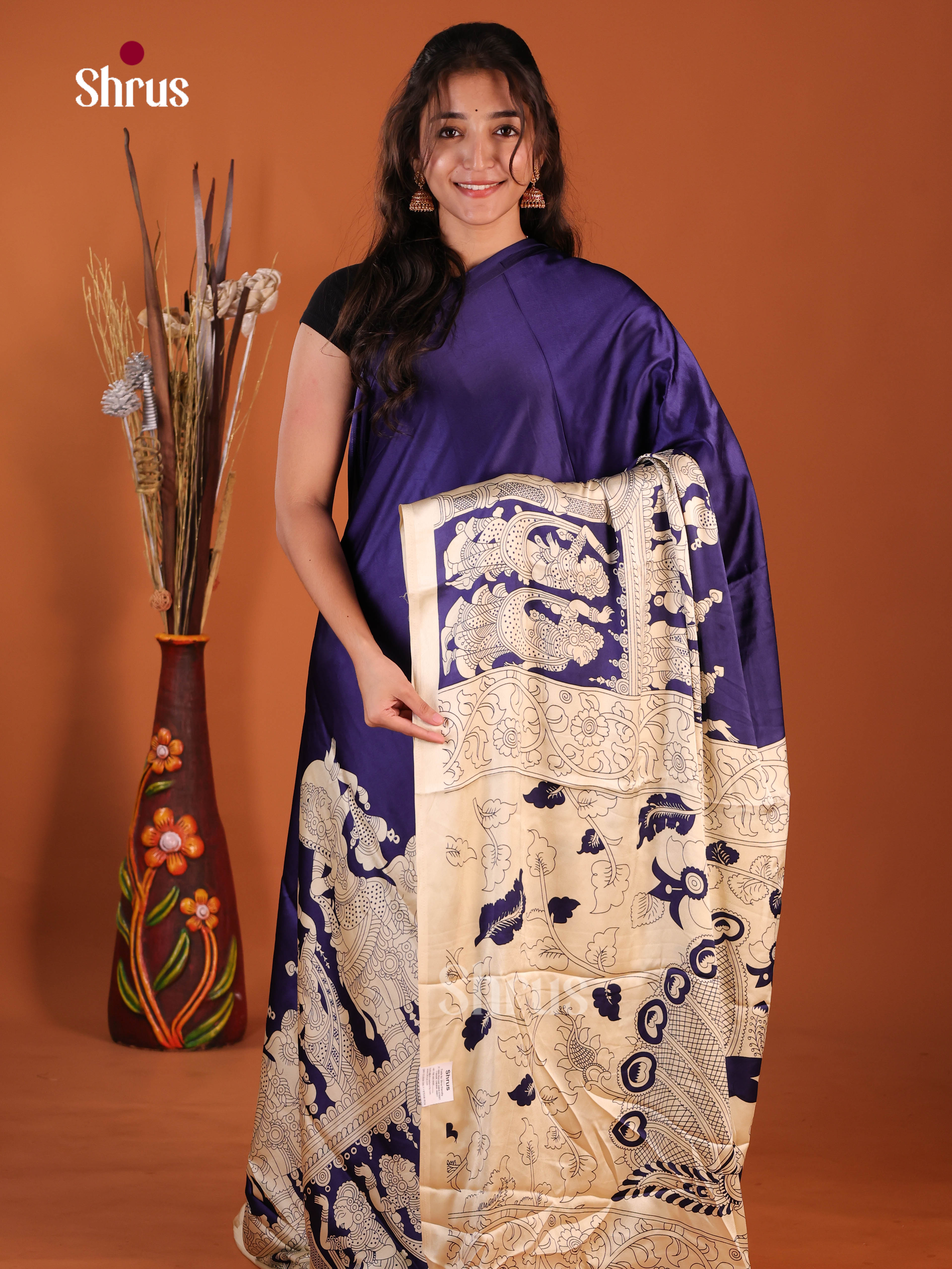 Blue & Cream - Semi Modal  Saree
