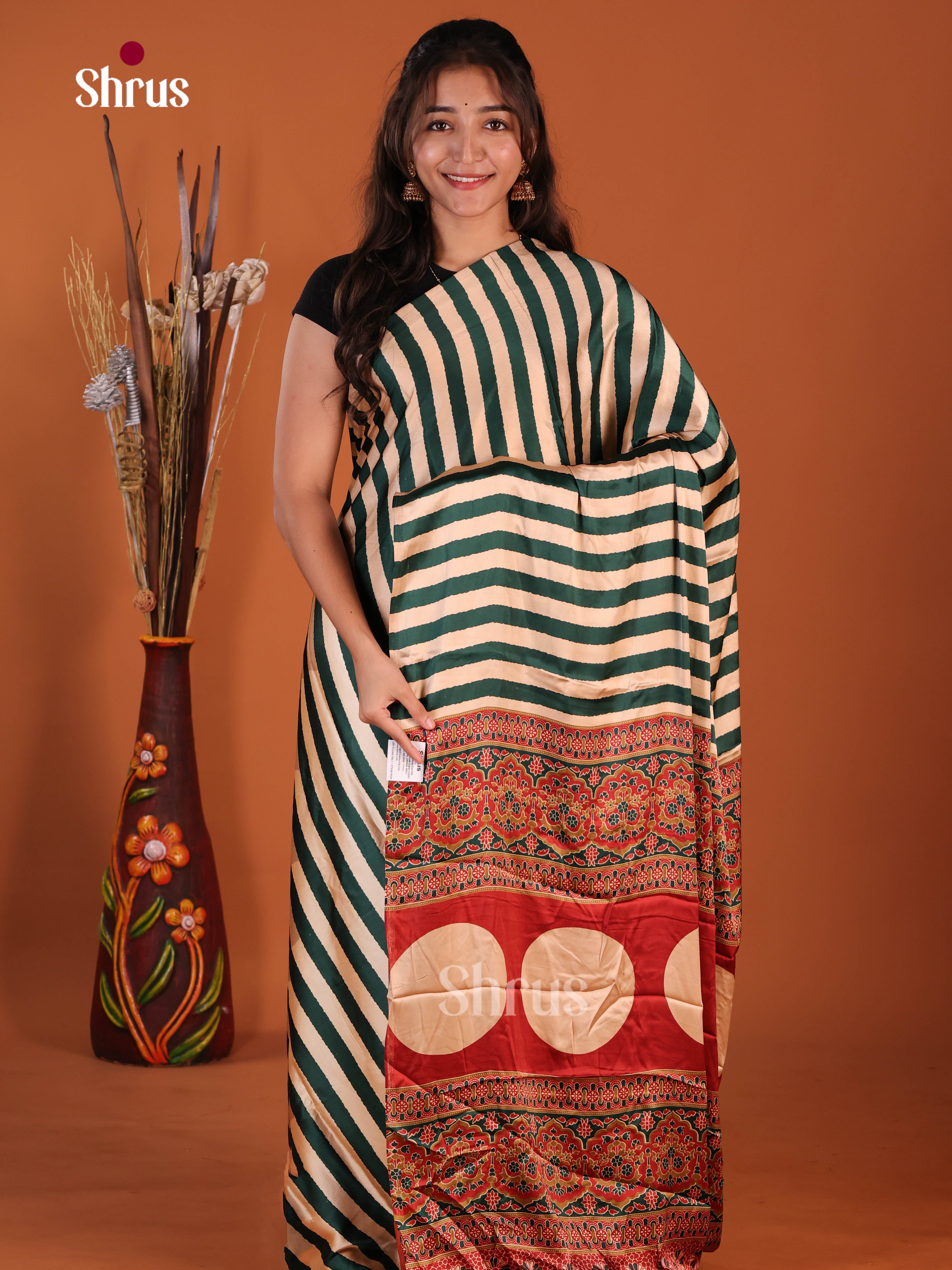 cream  & Green - Semi Modal  Saree