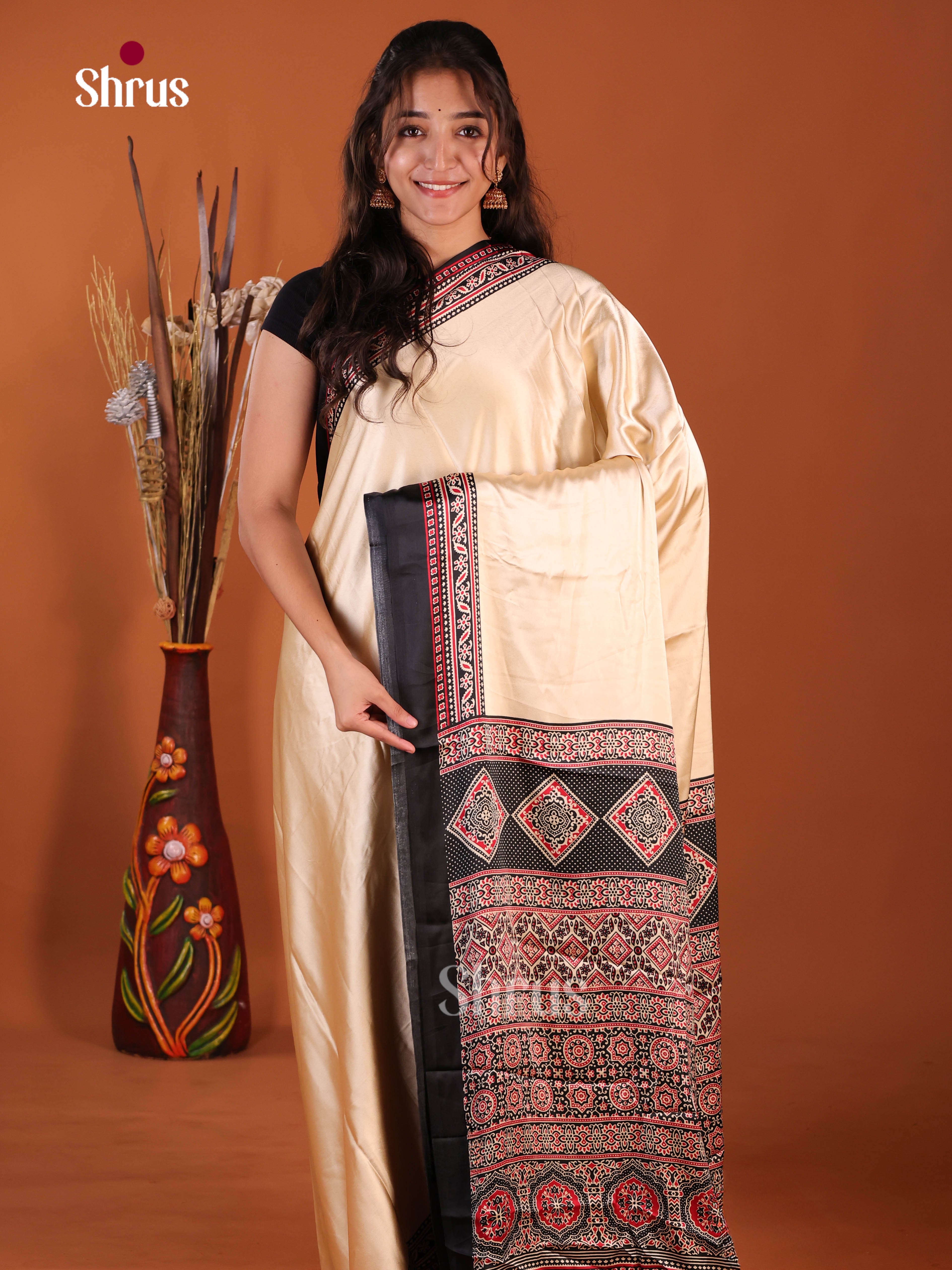 Cream & Black- Semi Modal  Saree