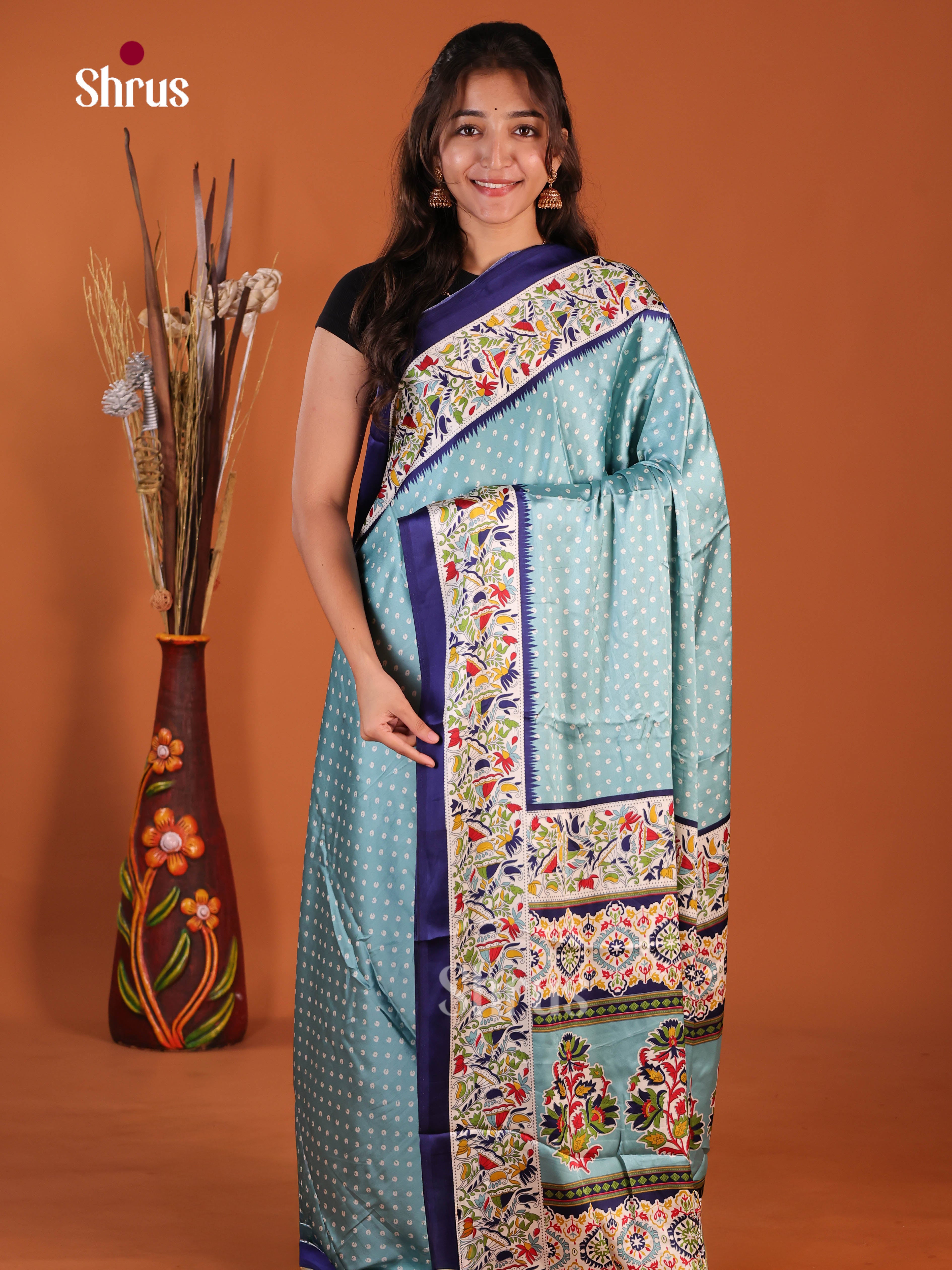 Light Blue & Blue - Semi Modal  Saree