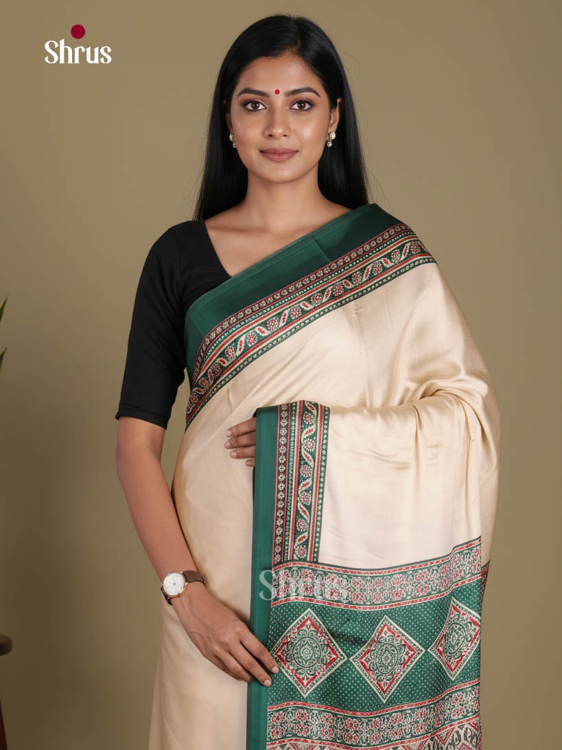 Cream & Green- Semi Modal  Saree