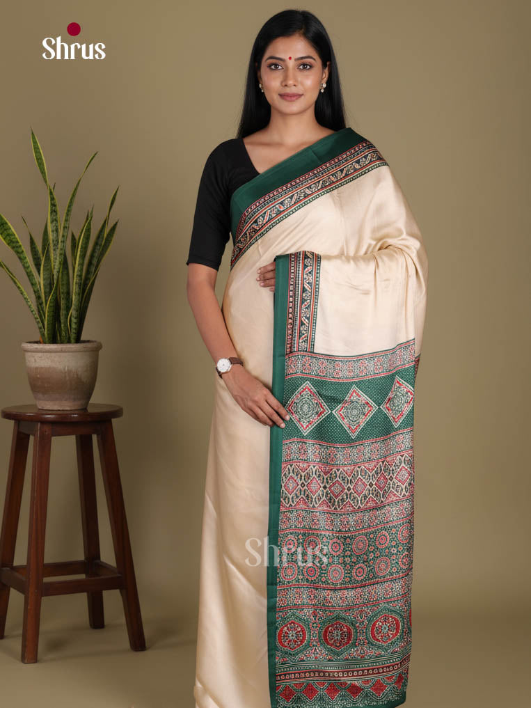 Cream & Green- Semi Modal  Saree