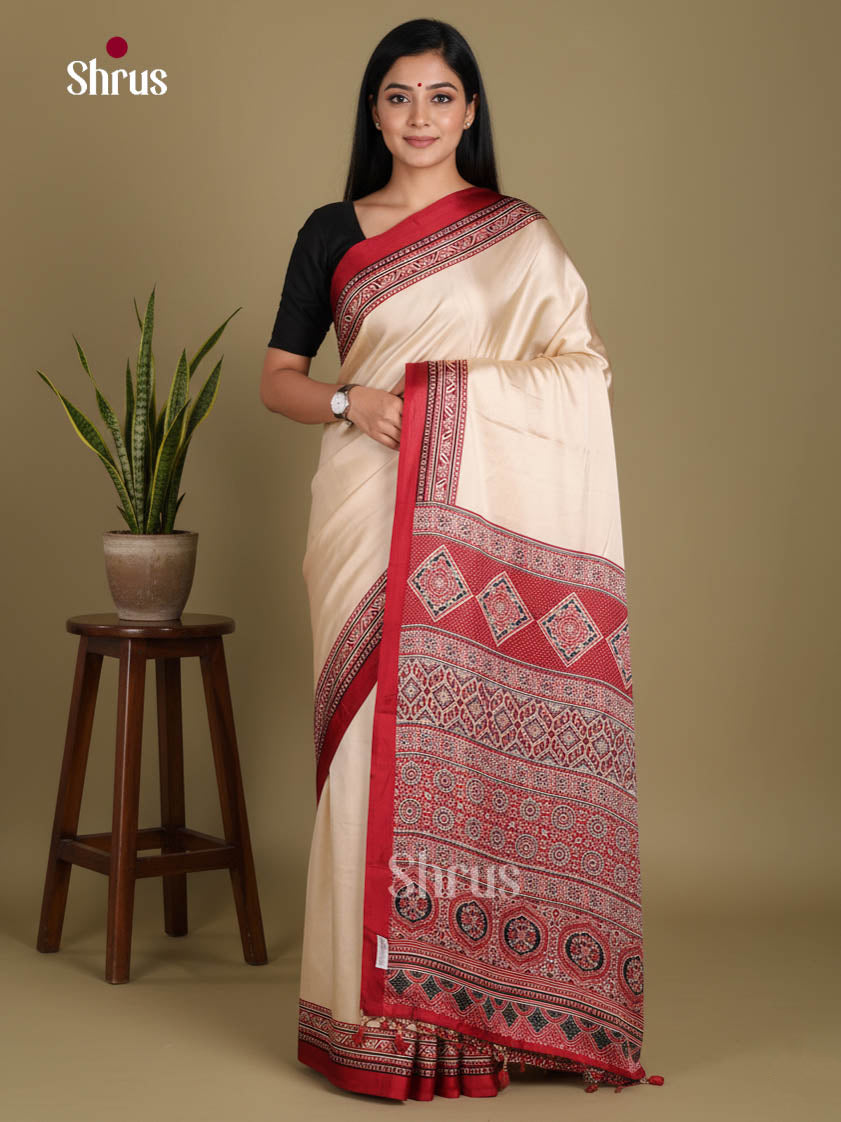 Cream & Maroon - Semi Modal  Saree