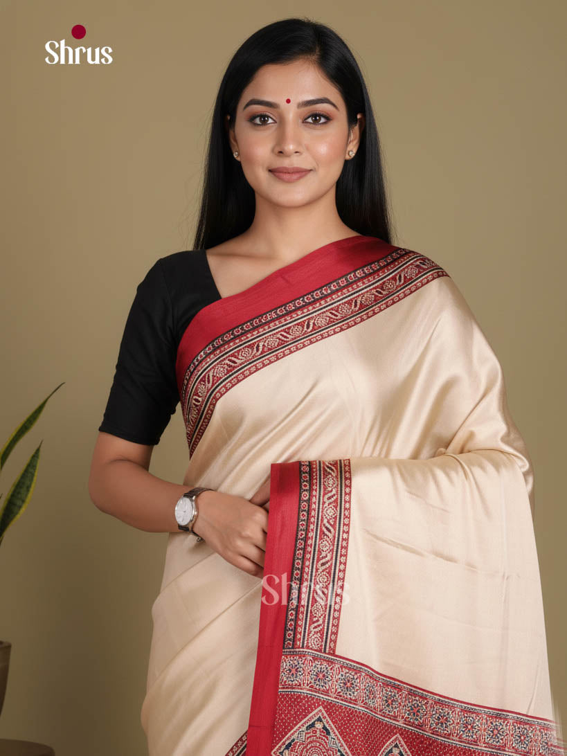 Cream & Maroon - Semi Modal  Saree