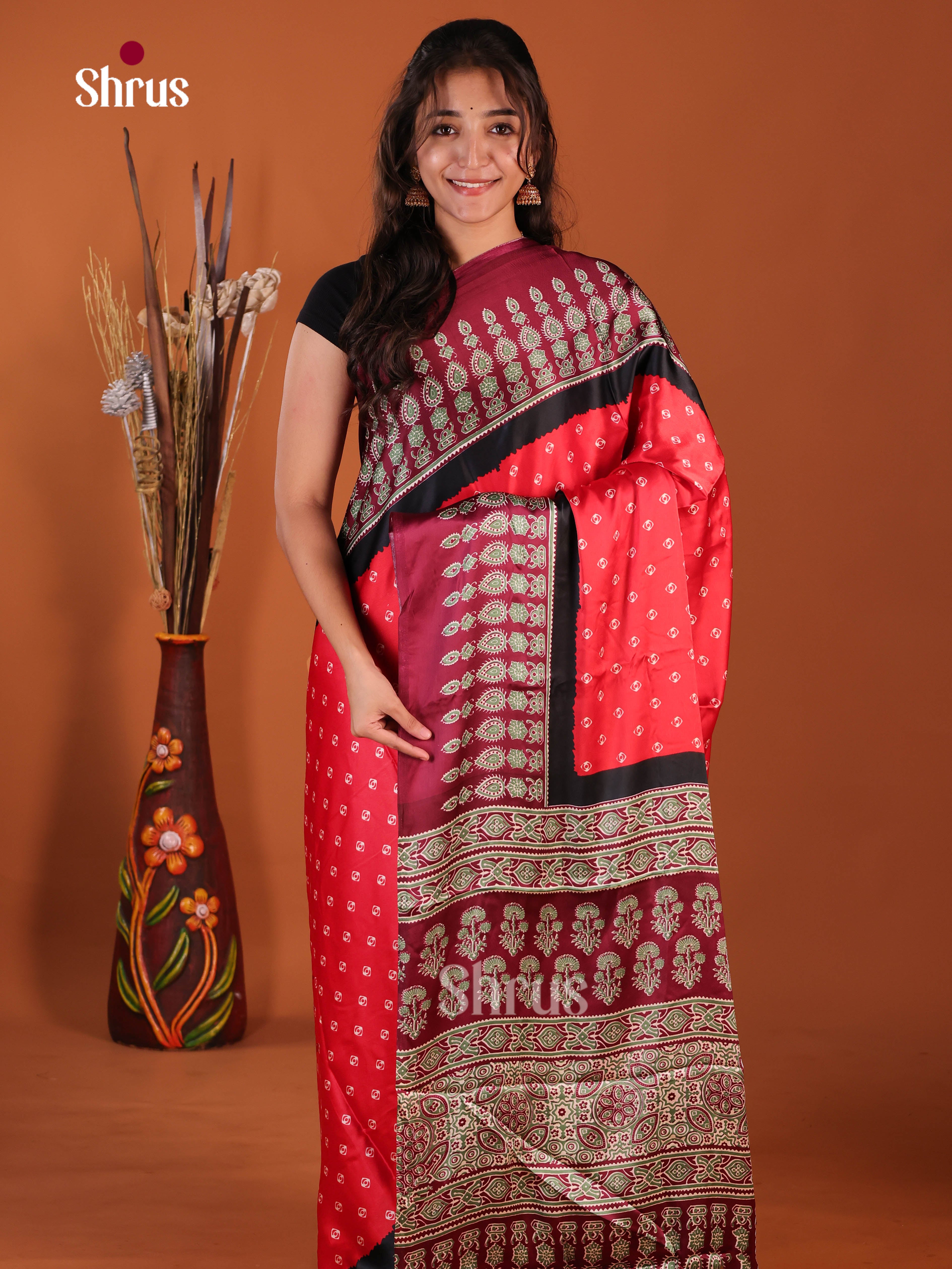Red & Maroon - Semi Modal  Saree