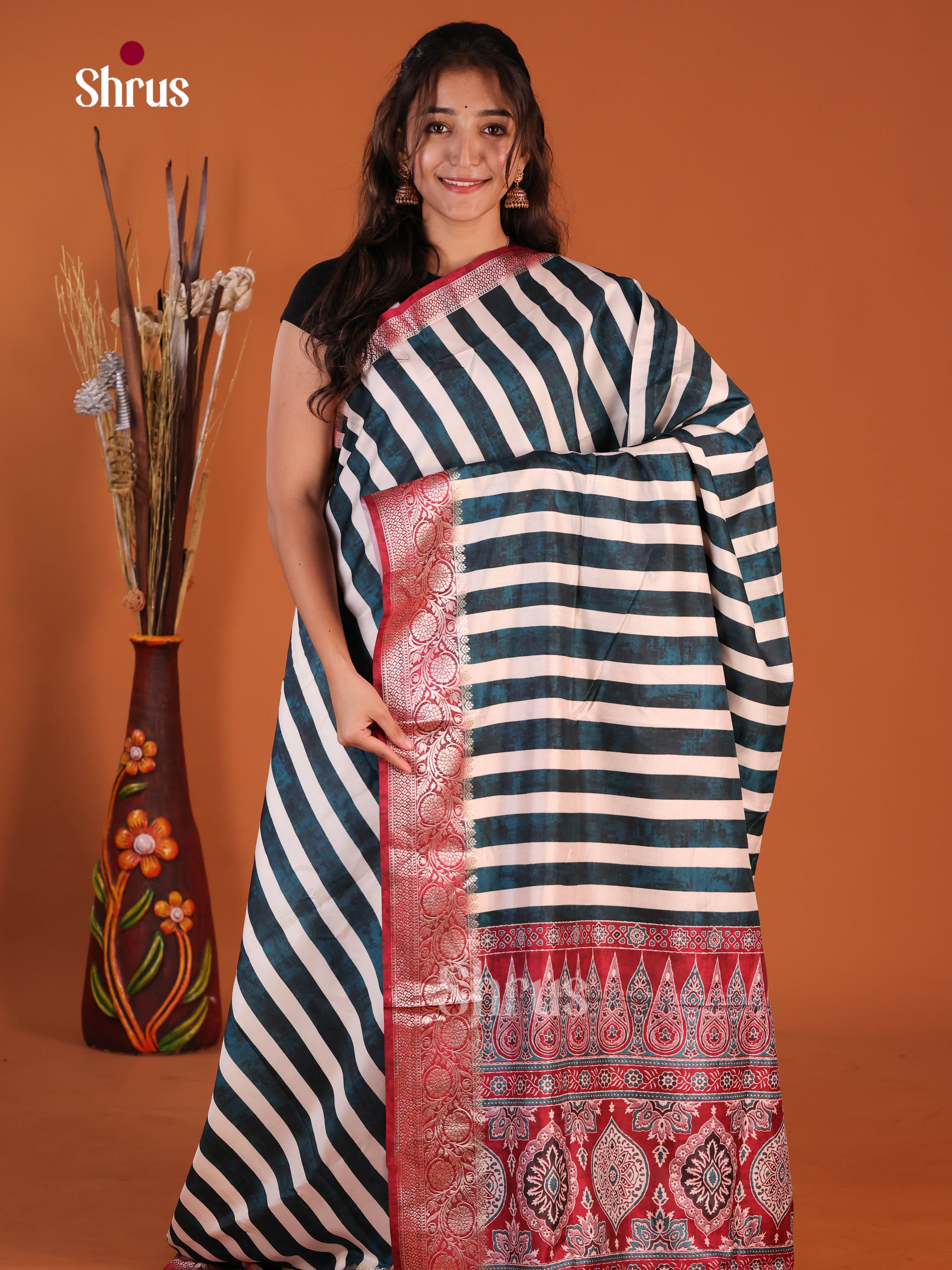 Cream & Green - Semi Modal  Saree