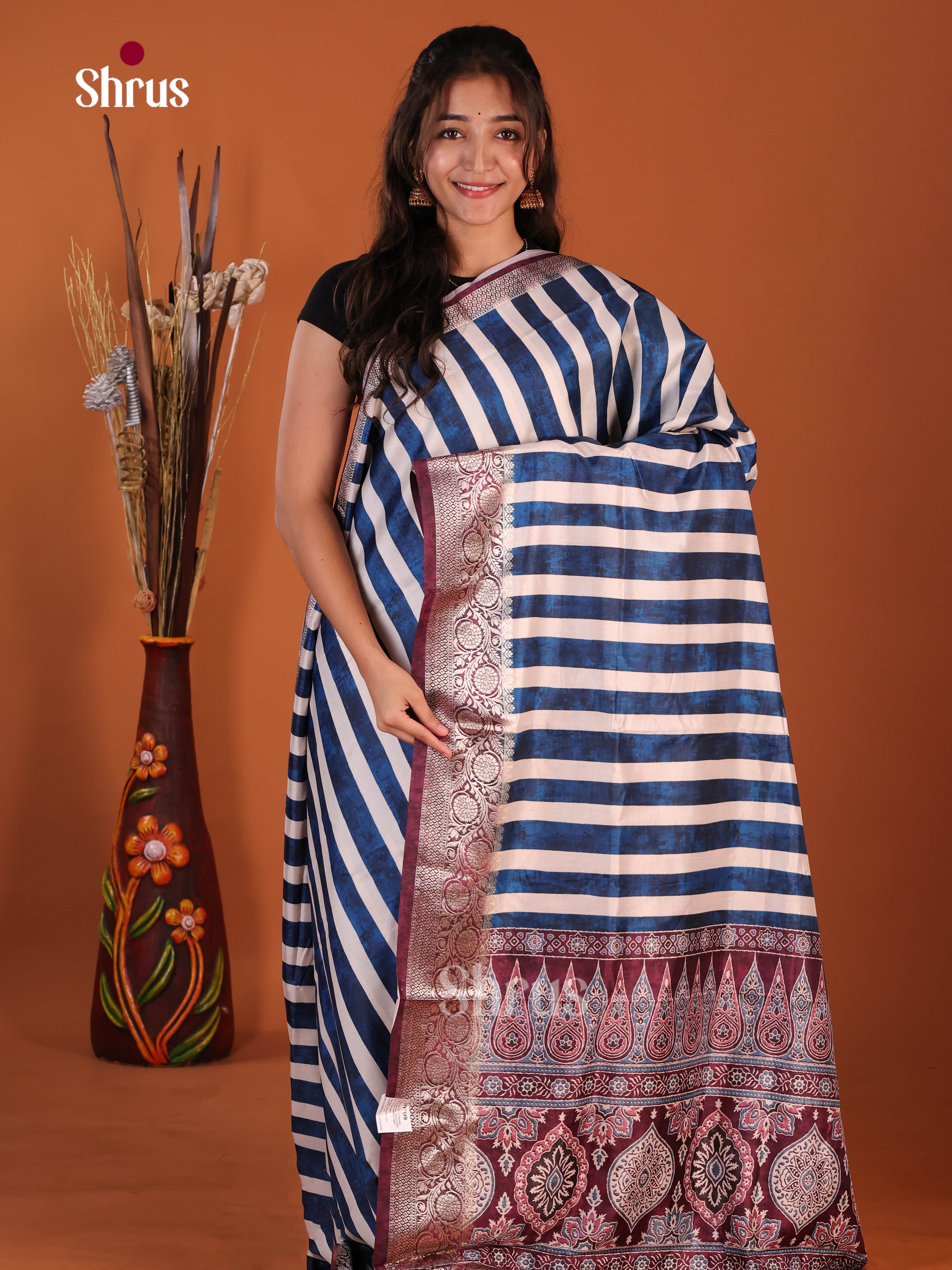 Cream & Blue- Semi Modal  Saree