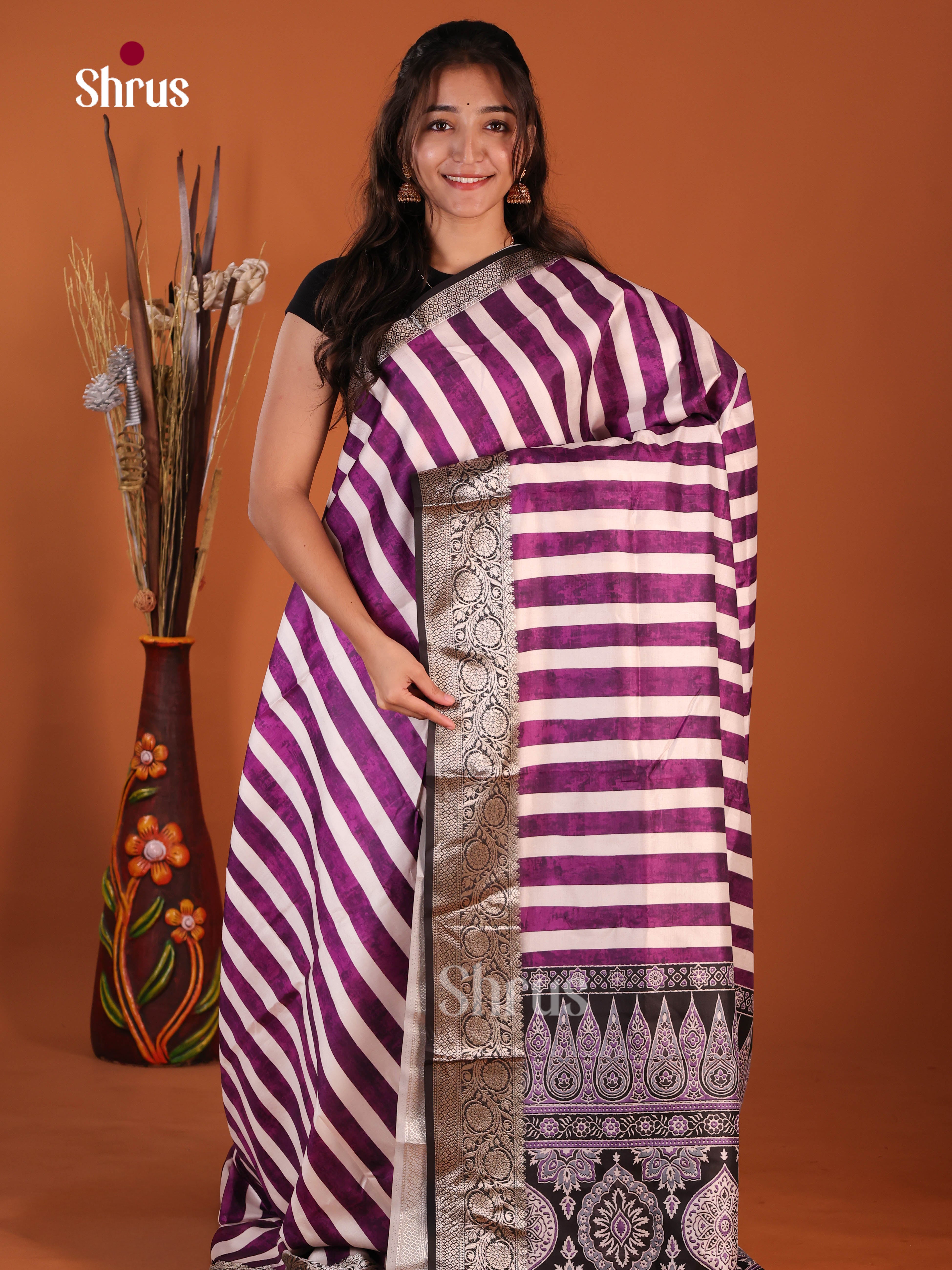 Cream & Purple - Semi Modal  Saree