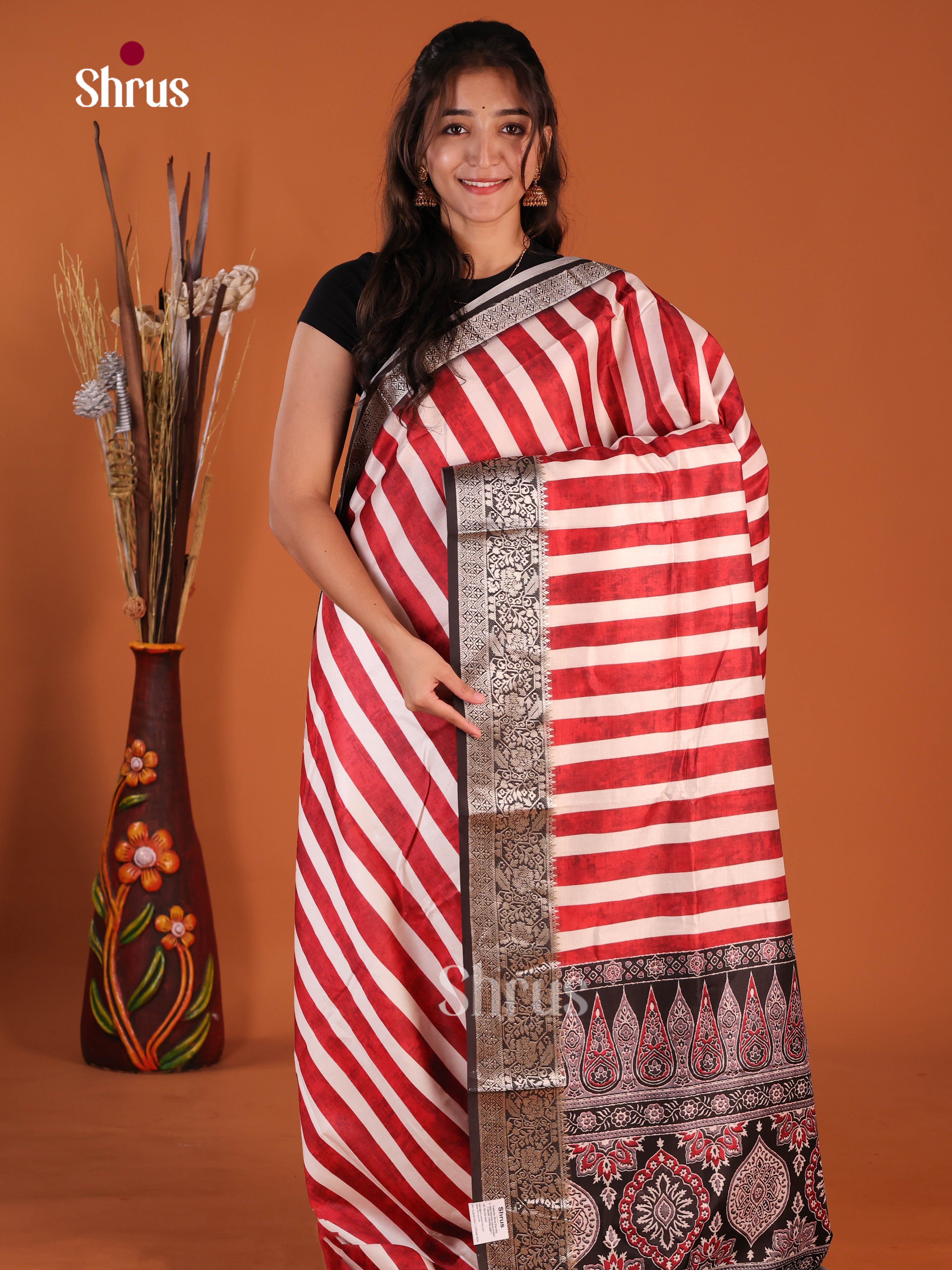 Cream & Red - Semi Modal  Saree