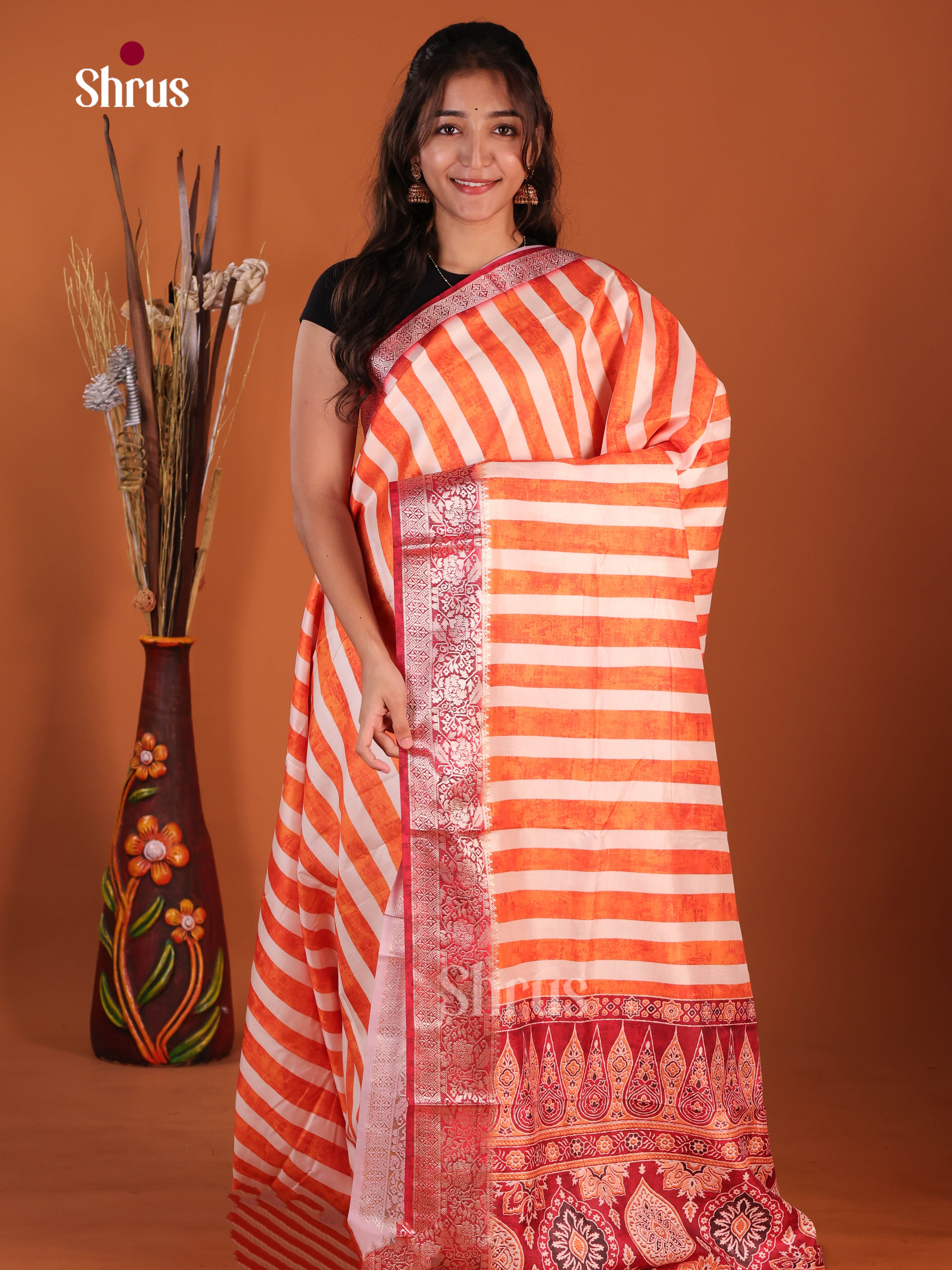 Cream & Orange - Semi Modal  Saree